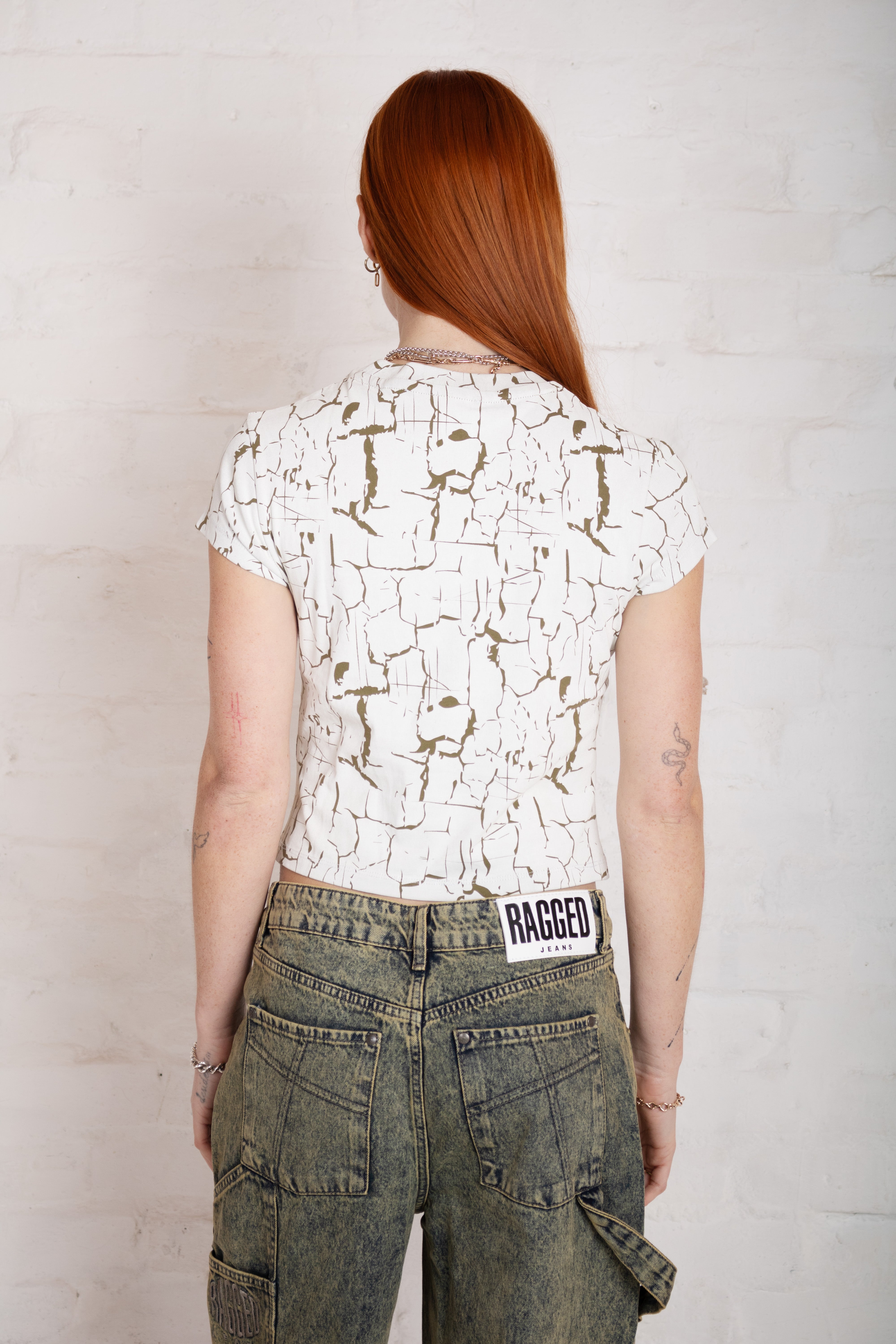 Rift Crackle Print Baby Tee - Trendy Graphic Short Sleeve T-Shirt for Women | Perfect for Casual Wear, Street Style & Everyday Outfits