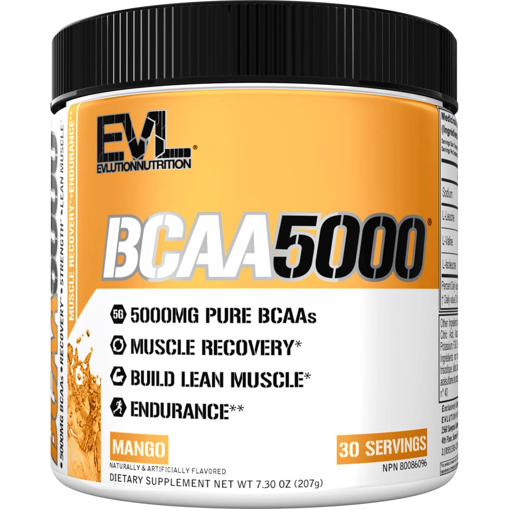 EVLUTION EVL BCAA Powder - 5g Branched Chain Amino Acids Supplement for Men & Women - Post Workout Recovery Drink & Stimulant-Free Pre Workout Energy Powder - Mango Flavor - Ideal for Muscle Recovery, Gym Performance & Fitness Enthusiasts