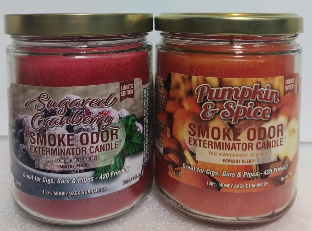Smoke Odor Eliminator Candles - 13oz Jar Set of 2 (Sugared Cranberry & Pumpkin Spice Scent) for Home, Office, and Car Air Freshening | Long-Lasting Fragrance for Relaxation and Stress Relief