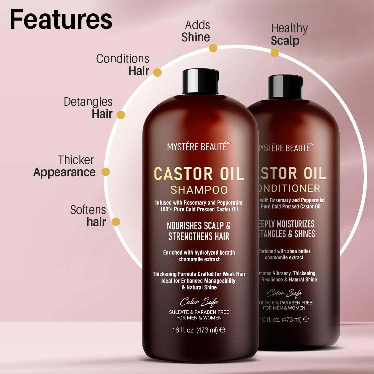 **Organic Castor Oil Shampoo & Conditioner Set - Sulfate-Free with Peppermint, Lavender & Rosemary Oils for Hair Growth - Hydrating & Nourishing Treatment - 16 oz Each - Perfect for Thinning Hair & Scalp Care at Home**