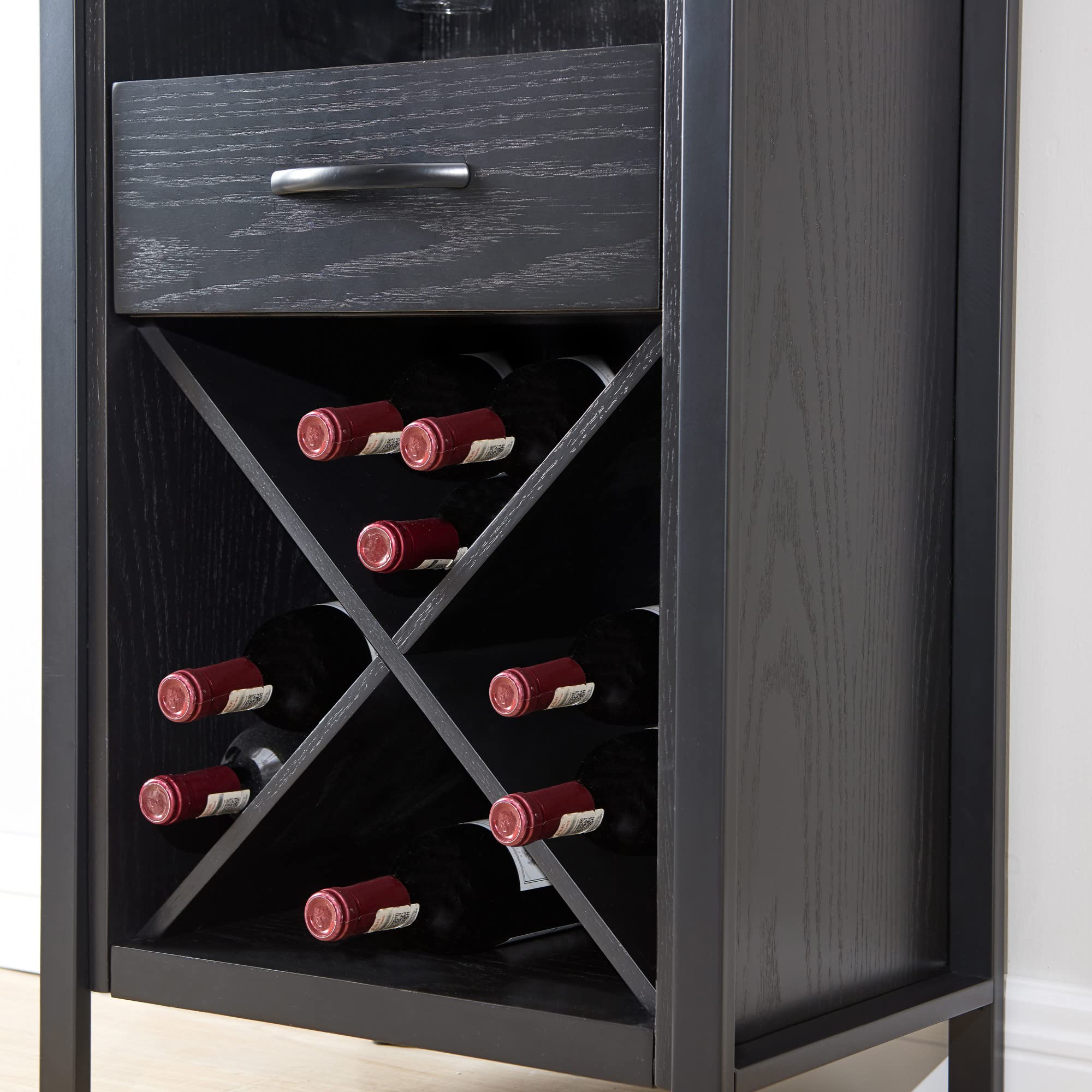 Leick Home 9500-BK Leah Mini Bar Cabinet - Black Wine Bottle & Stemware Storage Organizer for Dining Room, Kitchen, or Home Bar Decor