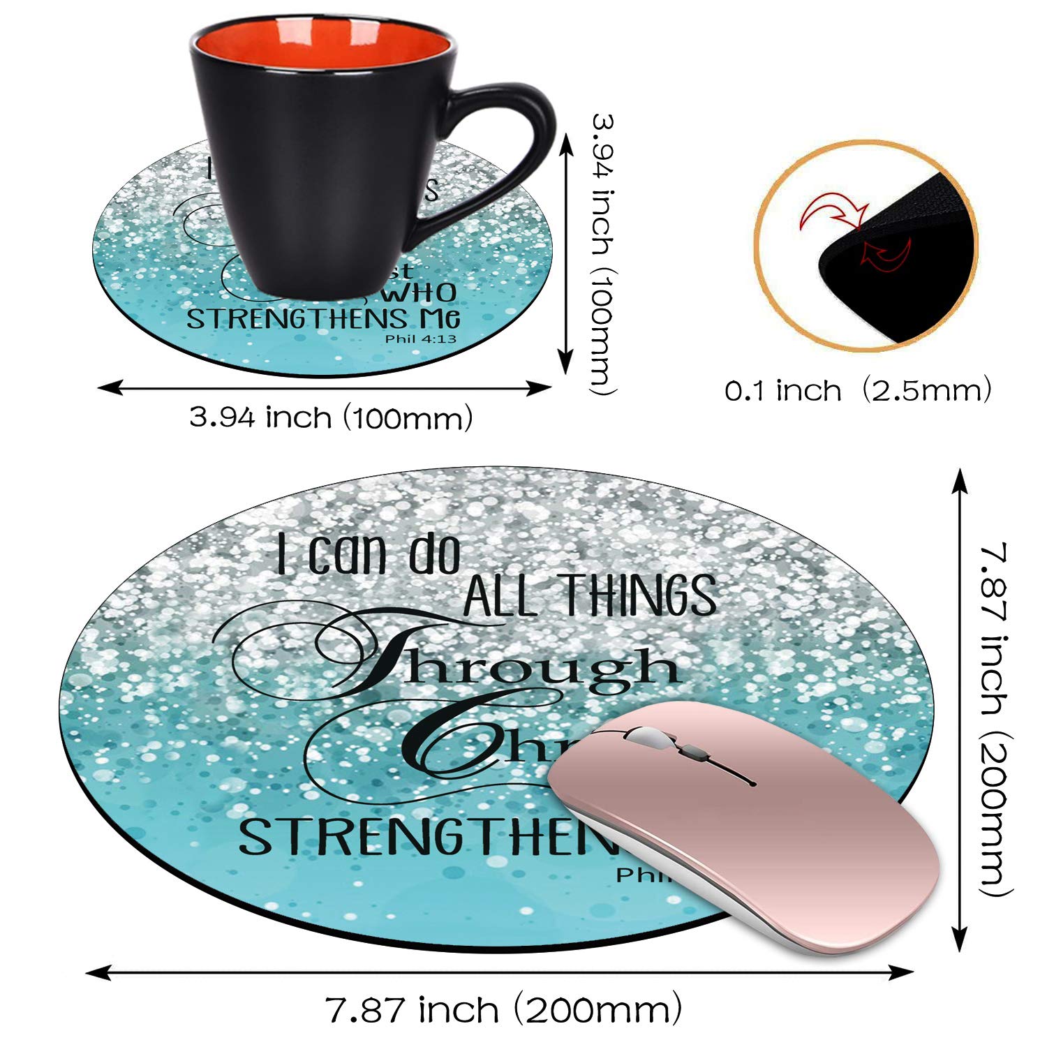 Blue Glitter Round Mouse Pad & Coasters Set with Inspirational Bible Verse (Philippians 4:13) - Non-Slip Rubber Base for Laptop, Computer, Office & Gaming Setup - Perfect for Work, Study & Home Decor