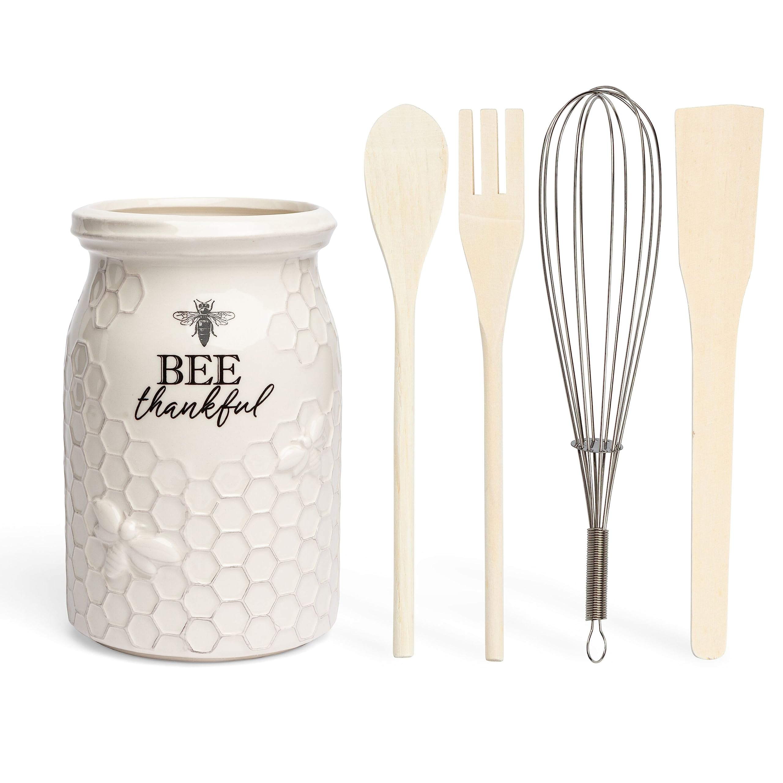 Young's Inc. Ceramic Utensil Holder for Kitchen Countertop - Large Wooden Cooking Tools Organizer with 3 Utensils - Perfect for Spoons, Spatulas & Flatware Storage - Bee Thankful Design - Ideal for Farmhouse, Modern & Rustic Kitchens