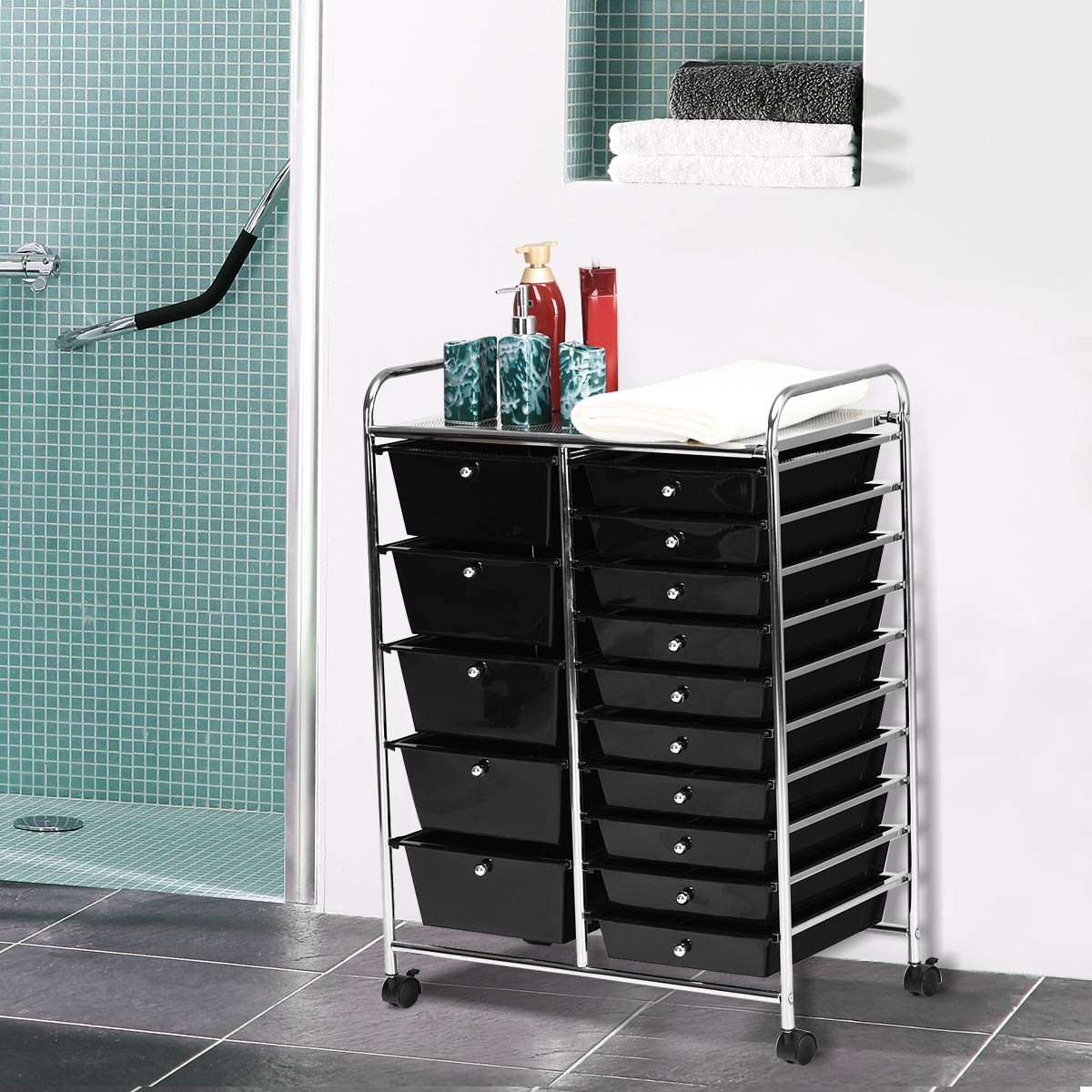 Giantex 15-Drawer Rolling Storage Cart - Mobile Organizer for Tools, Scrapbook Paper, Office & School Supplies - Black | Perfect for Craft Rooms, Workshops & Classroom Organization
