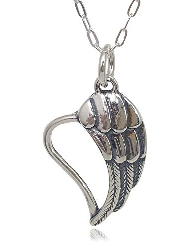Angel Wing Heart Charm Necklace - 925 Sterling Silver, 18