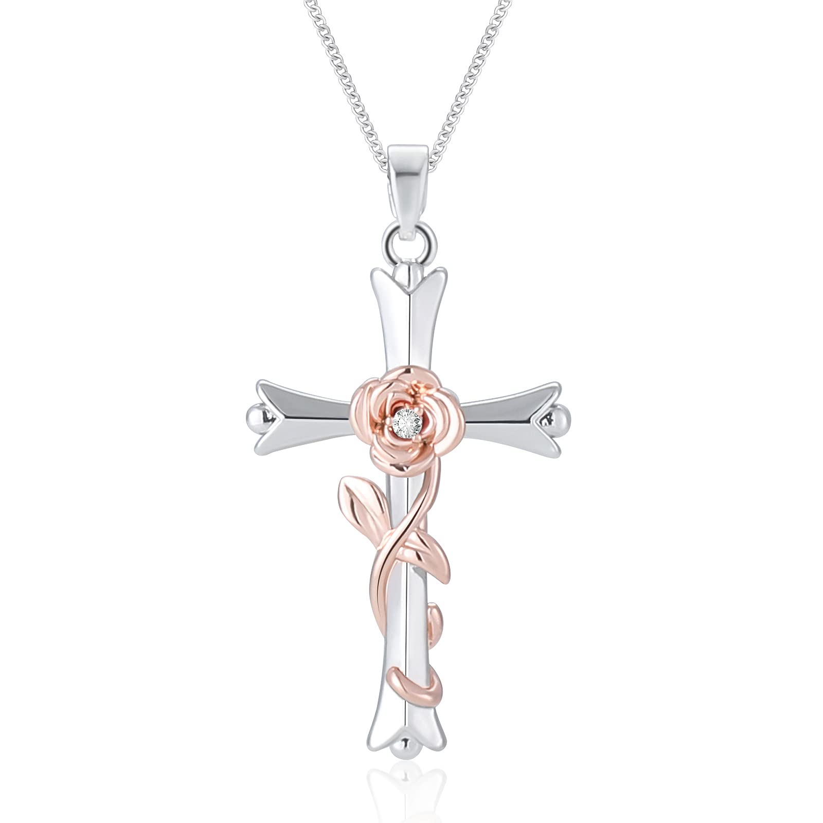 ACECHA Silver Faith Cross Necklace for Women - Birthstone & Birth Flower Pendant Jewelry | Perfect Gift for Wife, Teen Girls, Women | Birthday, Anniversary, Baptism, Confirmation, Mother's Day Gift Idea