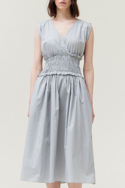 Elegant Smocked Waist Cotton Dress in Dusty Blue - Perfect for Summer Outings, Beach Vacations & Casual Events