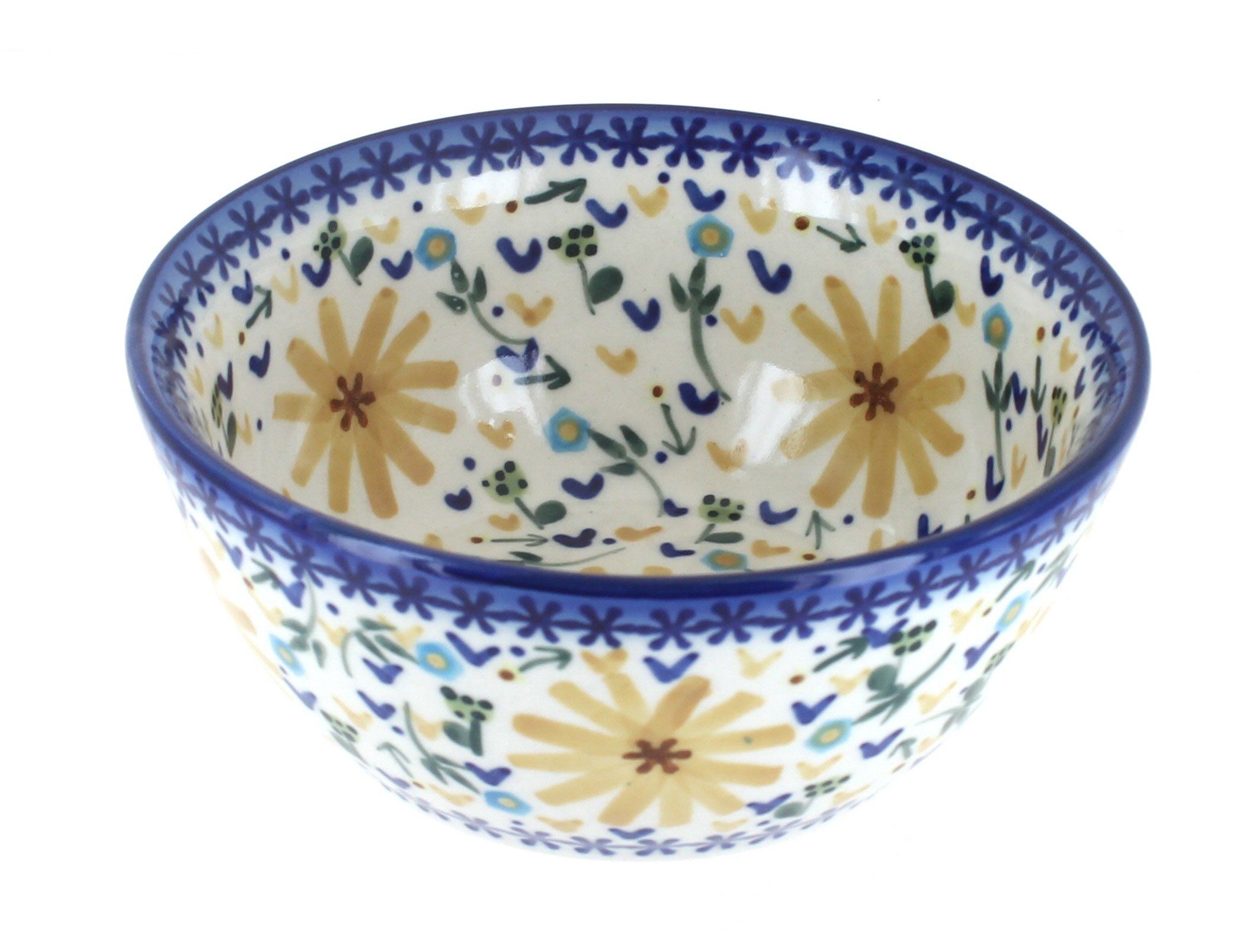 Handmade Blue Rose Polish Pottery Bowl with Yellow Daisy Design – Perfect for Cereal, Soup & Desserts – Elegant Dining & Kitchen Decor