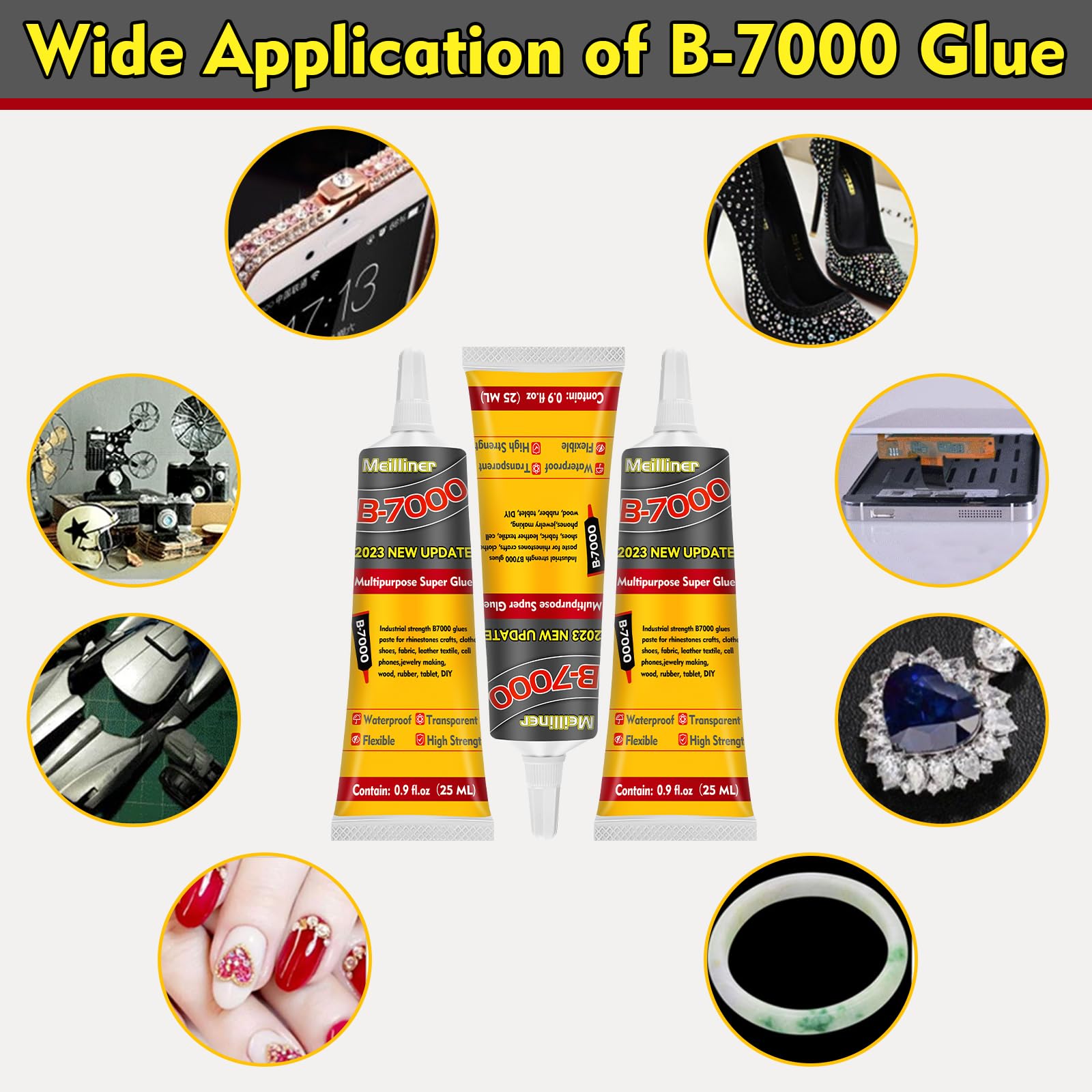 B7000 Clear Jewelry Glue for Rhinestones, Metal, Wood & Glass - 0.9 fl oz Multi-Purpose Craft Adhesive with Precision Tip - Perfect for DIY Jewelry Making, Nail Art, Photo Charms & Fabric Crafts (3-Pack)