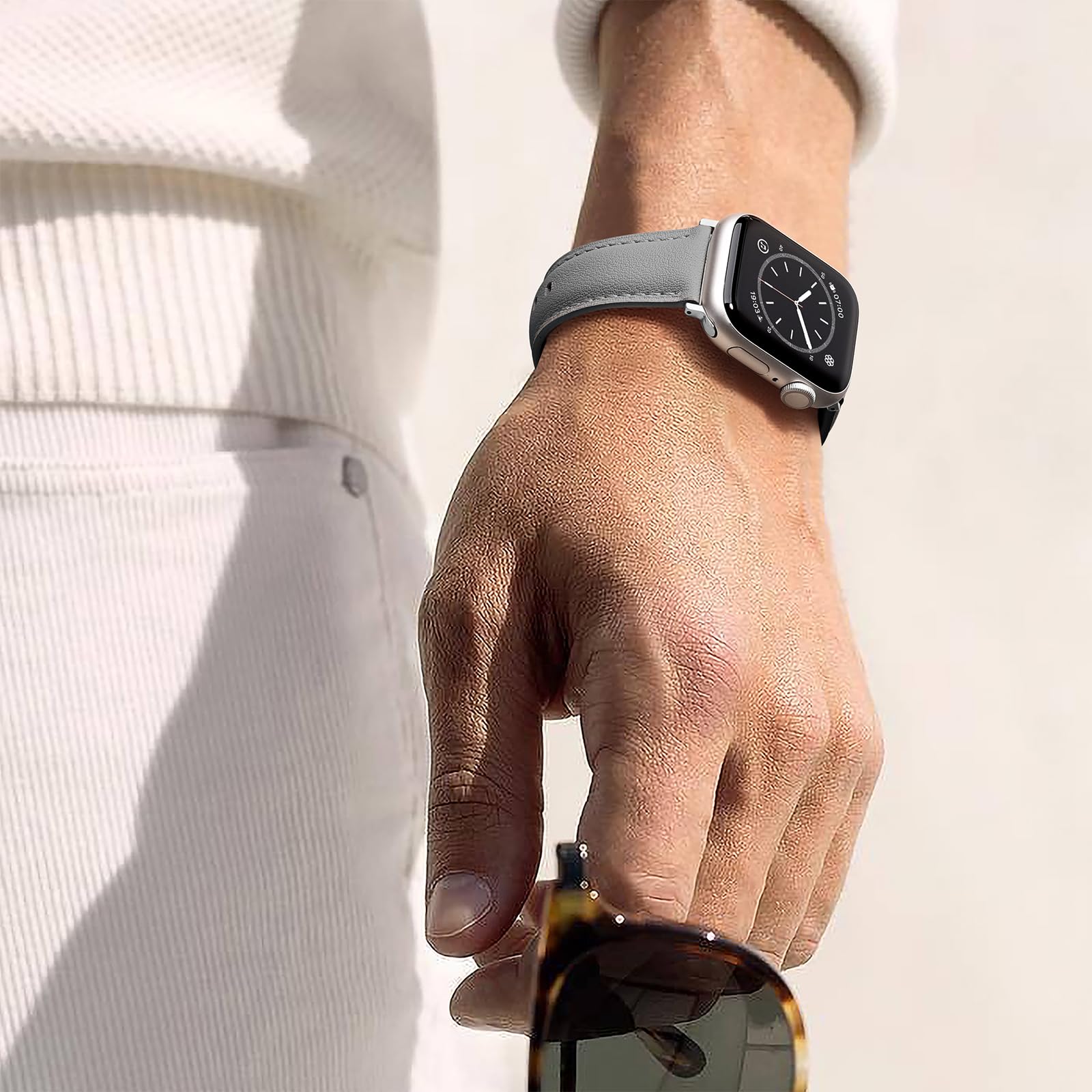 Genuine Leather Apple Watch Band 38mm 40mm 41mm - Classic Replacement Strap Compatible with Apple Watch Series 10/9/8/7/6/5/4/3/2/1/SE - Soft Comfortable Leather Watchband for Women & Men (Gray) - Perfect for Work, Gym & Everyday Wear