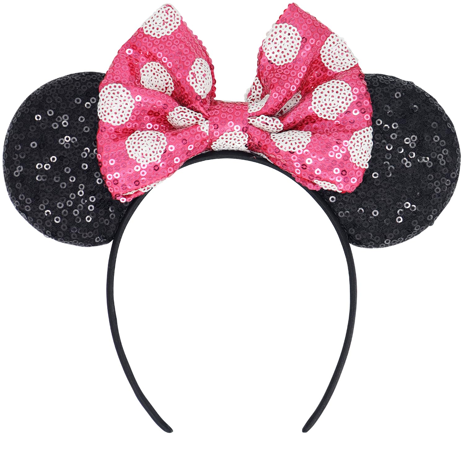 Minnie Mouse Ears Headband with Sequin Bows - 3 Pack Hot Pink Disney Inspired Hair Accessories for Women & Girls | Perfect for Halloween Costumes, Theme Parks, Birthday Parties & Cosplay