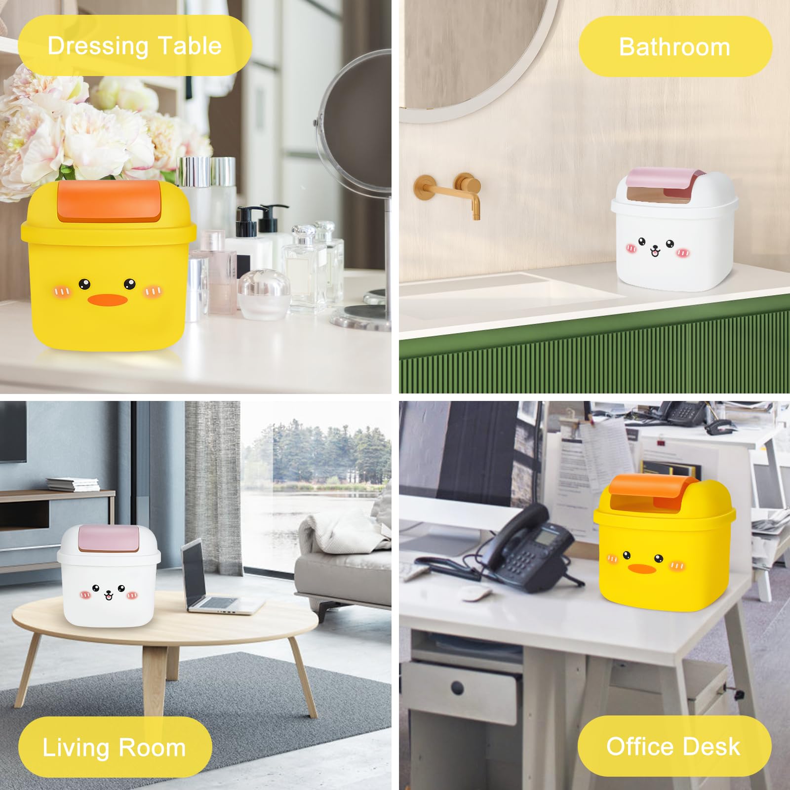 Cute Small Trash Can with Flip Lid - Mini Desktop Garbage Bin in Kawaii Cartoon Animal Shape for Bedroom, Bathroom, Kitchen & Office - Perfect for Home, Dorm, Desk & Vanity Organization (Yellow)