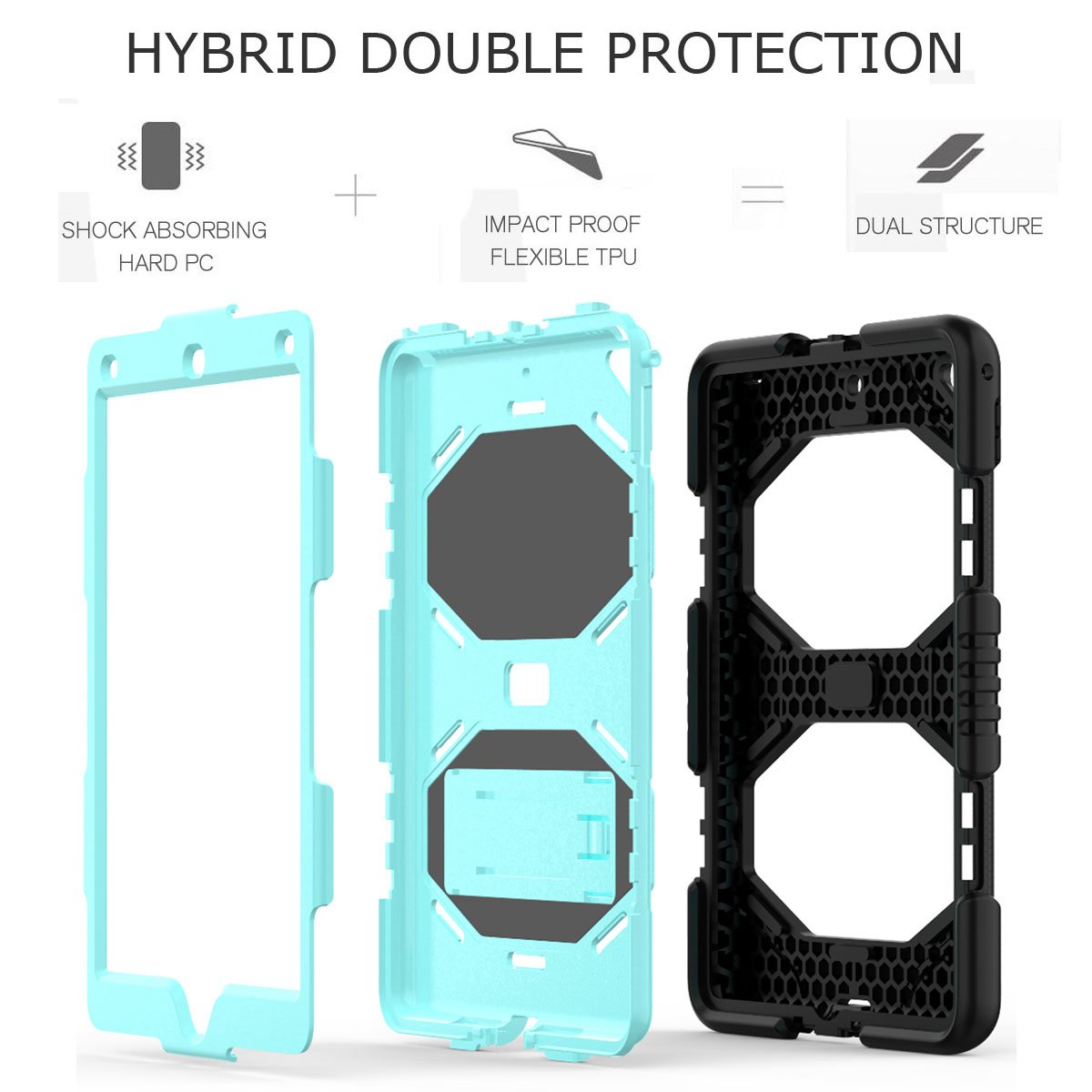 Shockproof Silicone Armor Hard Case with Stand for Apple iPad Air 2 (Black-Light Blue) - Protective Cover for Work, Travel & Home Use