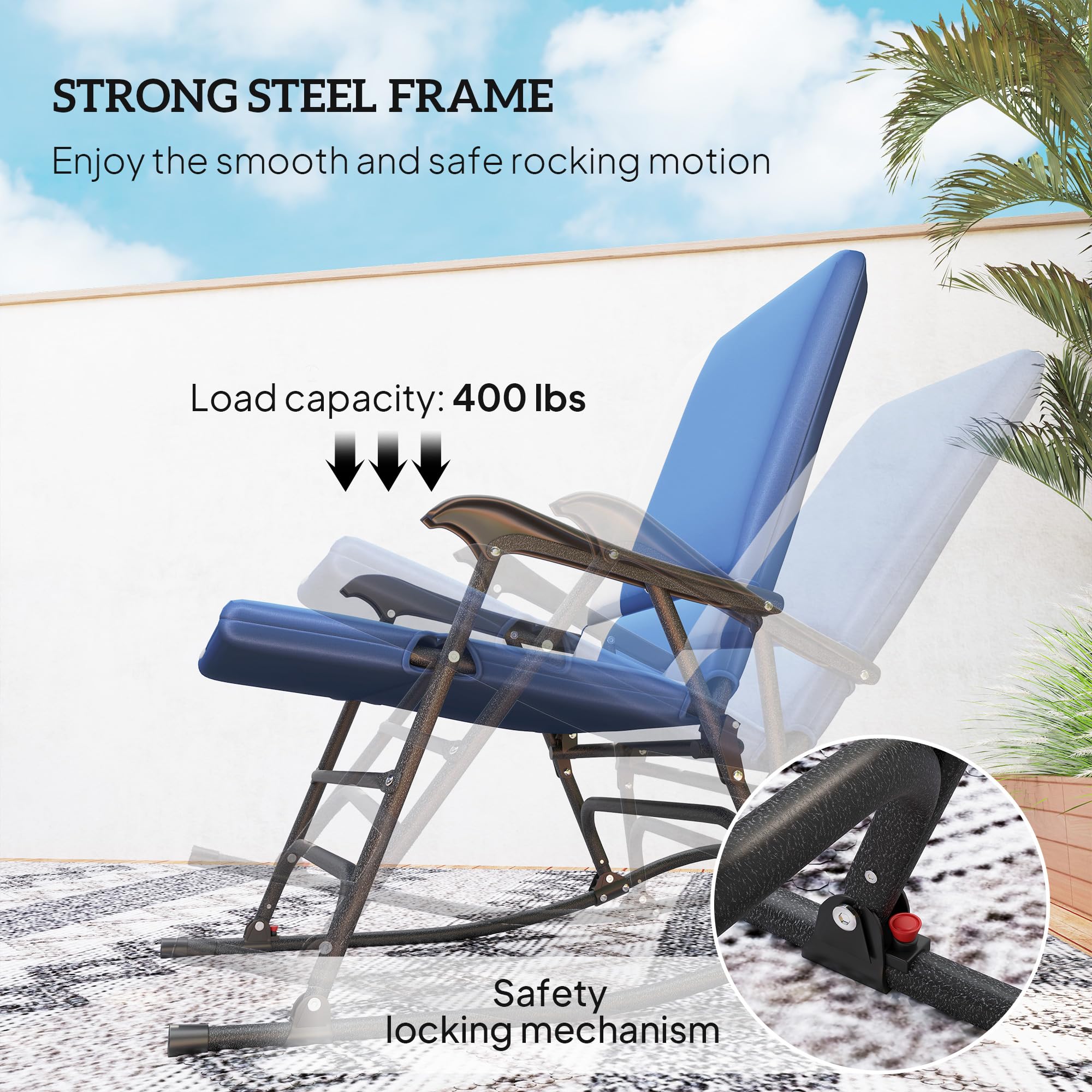 Outsunny 2-Pack Folding Outdoor Rocking Chairs - Heavy Duty 400 lbs Capacity Oversized Camping Chairs with Wide Seat & Padded High Back - Perfect for Patio, Porch, Garden, Backyard Relaxation - Dark Blue