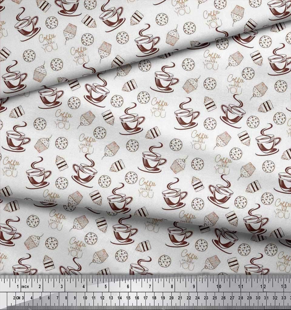 Soimoi 100% Cotton Poplin Fabric - White Coffee, Cookies & Cupcakes Print - 56