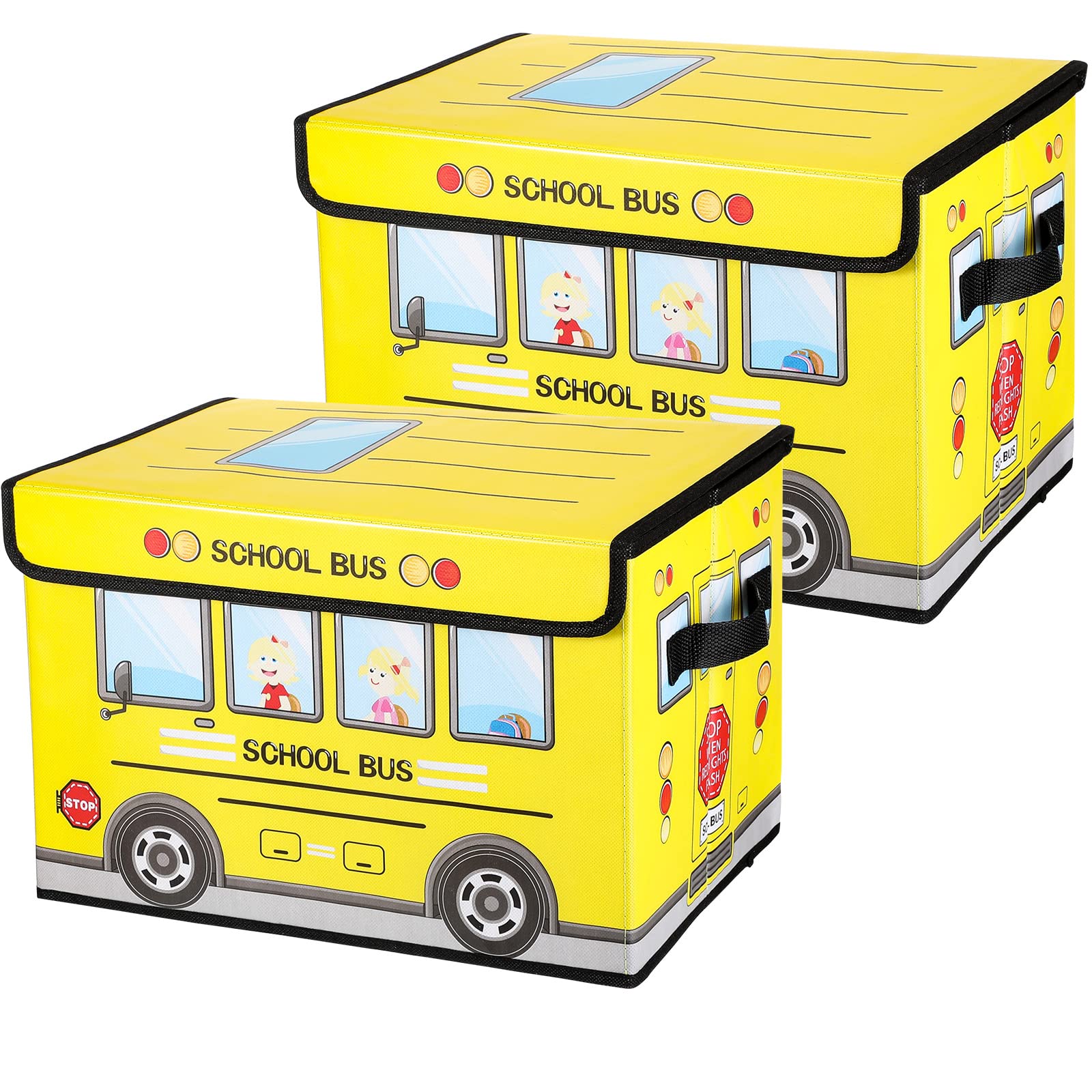 Sweetude 2-Pack Foldable School Bus Treasure Box with Lid - Classroom Storage Organizer for Kids, Teachers & Students - Perfect for Toy Prizes, Awards & Classroom Organization (Yellow)