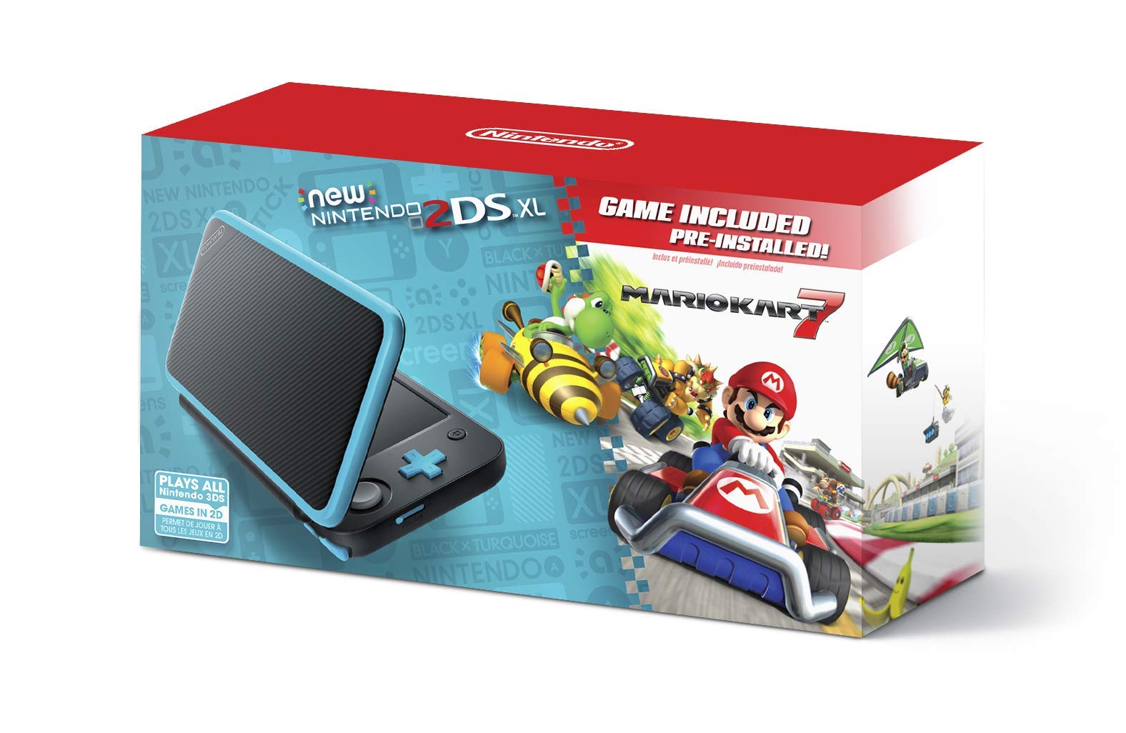 Refurbished Nintendo 2DS XL Black & Turquoise Console with Pre-installed Mario Kart 7 - Portable Handheld Gaming System for Kids & Adults - Perfect for Travel, Commuting & Home Entertainment