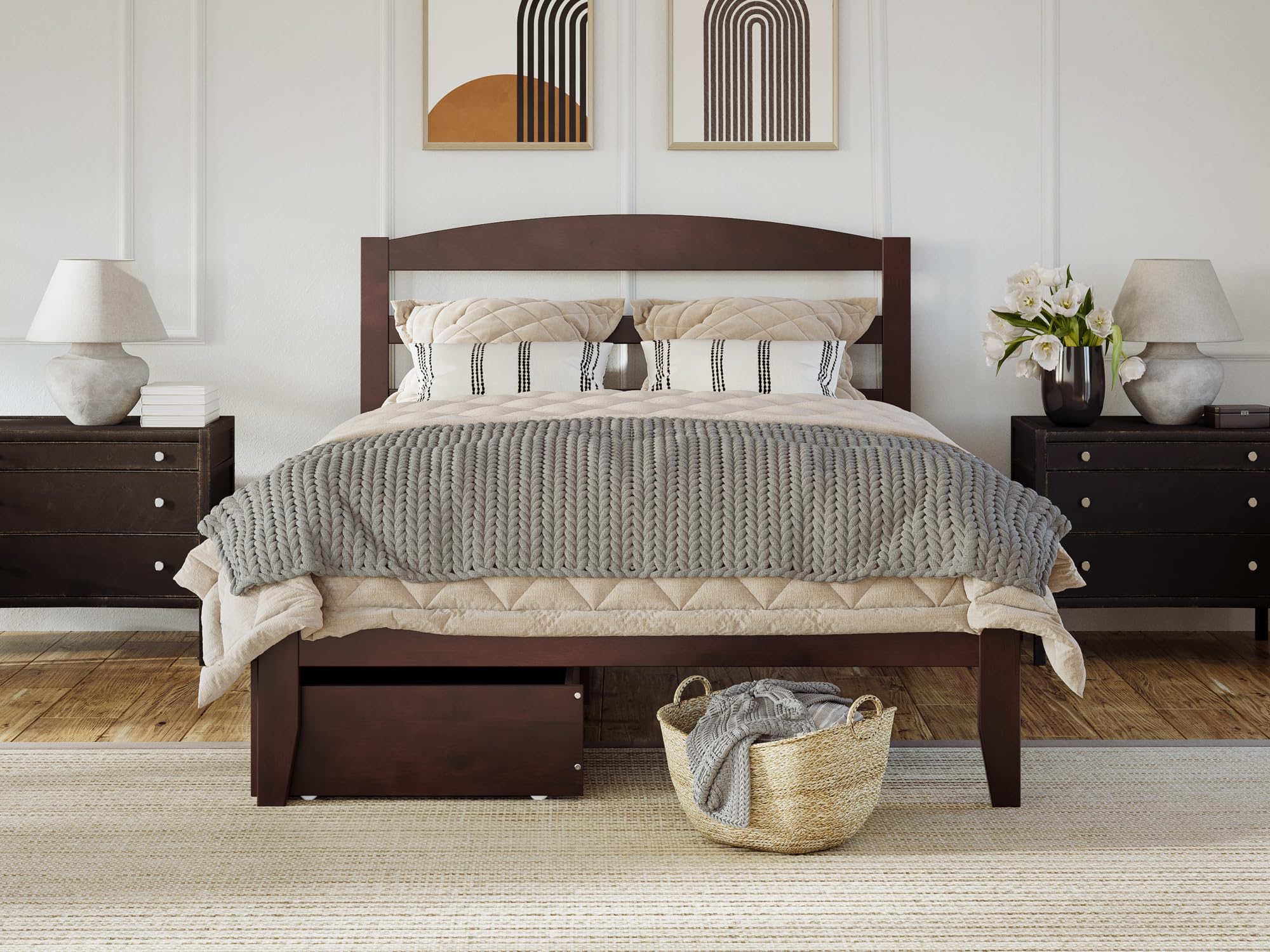 AFI Warren Full Platform Bed with Storage Drawers (Set of 2) and USB Charging Ports, Walnut Finish - Modern Bedroom Furniture for Small Spaces with Underbed Storage and Device Charging