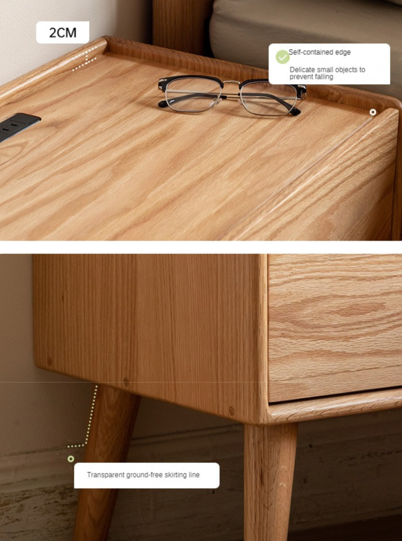 Solid Oak Wood Nightstand with Built-in USB Outlet - Perfect for Bedroom, Living Room, or Office Use
