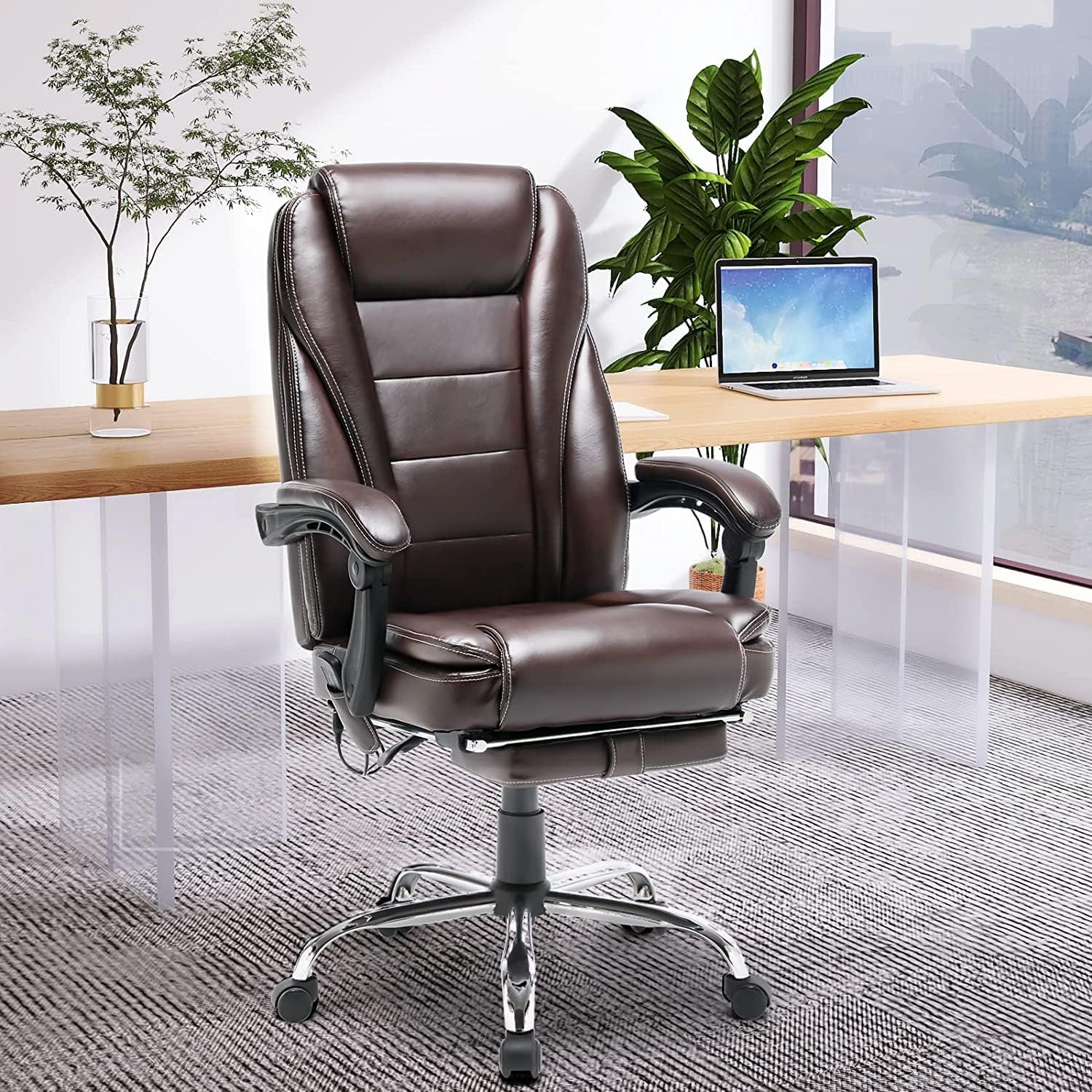 HOMREST 4-Point Massage Reclining Office Chair - Ergonomic Leather Executive Chair with Heating & Retractable Footrest - Adjustable Computer Desk Chair for Home Office, Study, Gaming & Relaxation (Brown) - Perfect for Long Work Hours, Online Meetings & Stress Relief