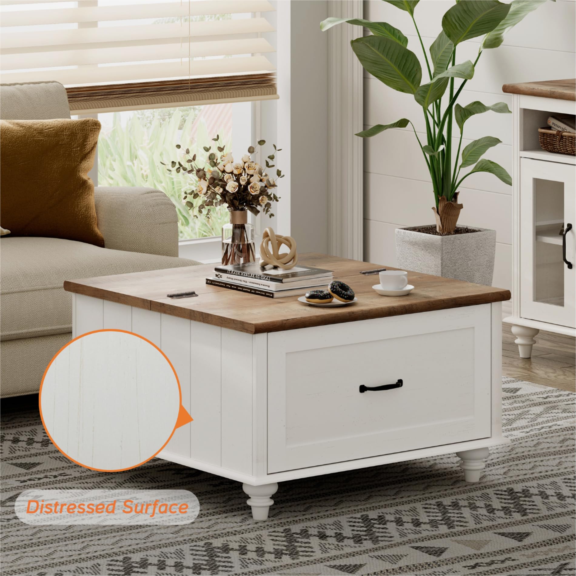 WAMPAT 3-Piece Farmhouse Living Room Table Set - Lift Top Coffee Table with Drawer & 2 End Tables with Charging Station, Off White - Perfect for Small Spaces, Living Room Decor & Nightstand Use
