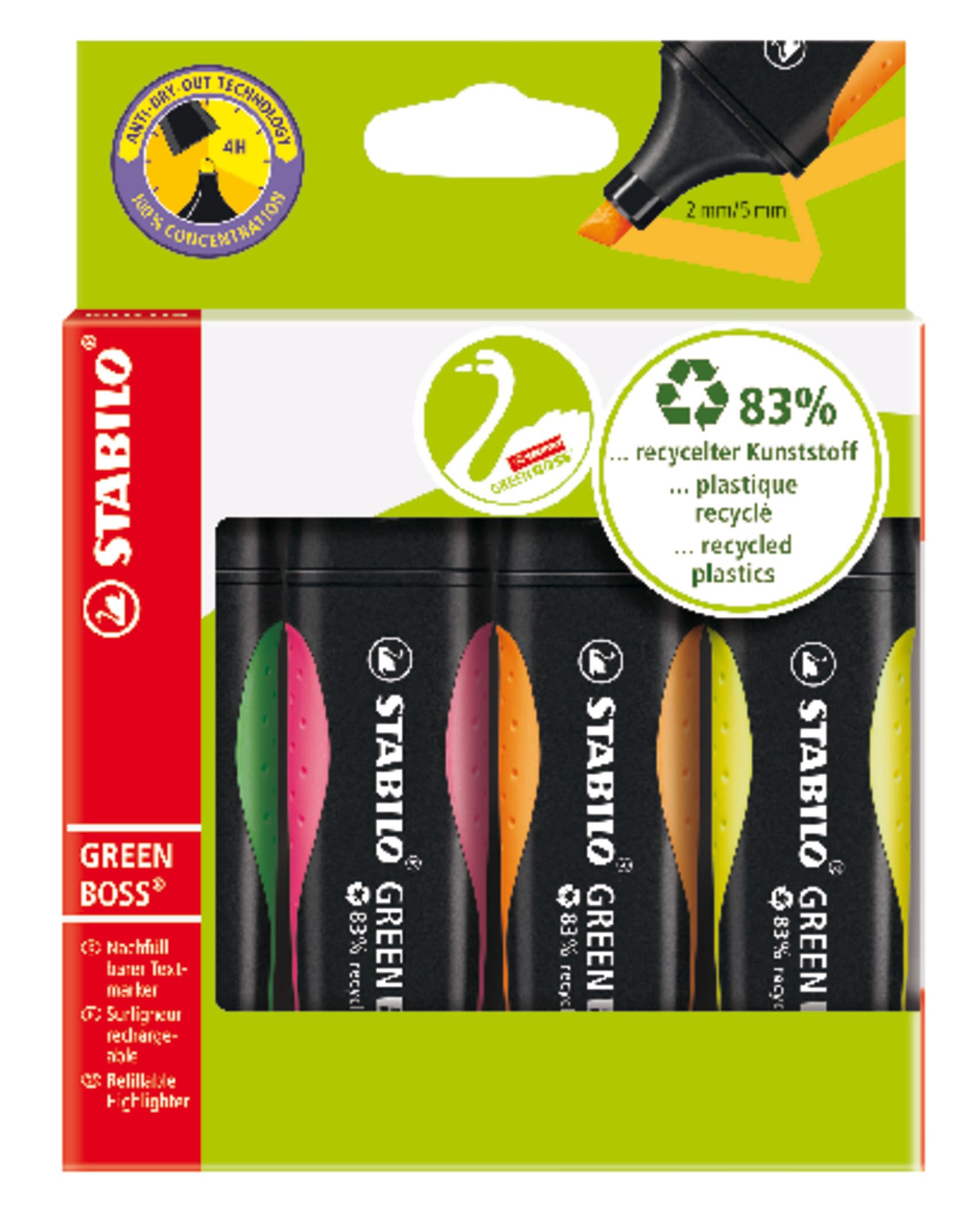 STABILO Green BOSS Highlighter Set of 4 Assorted Colors - Perfect for Office, School & Study Notes Organization