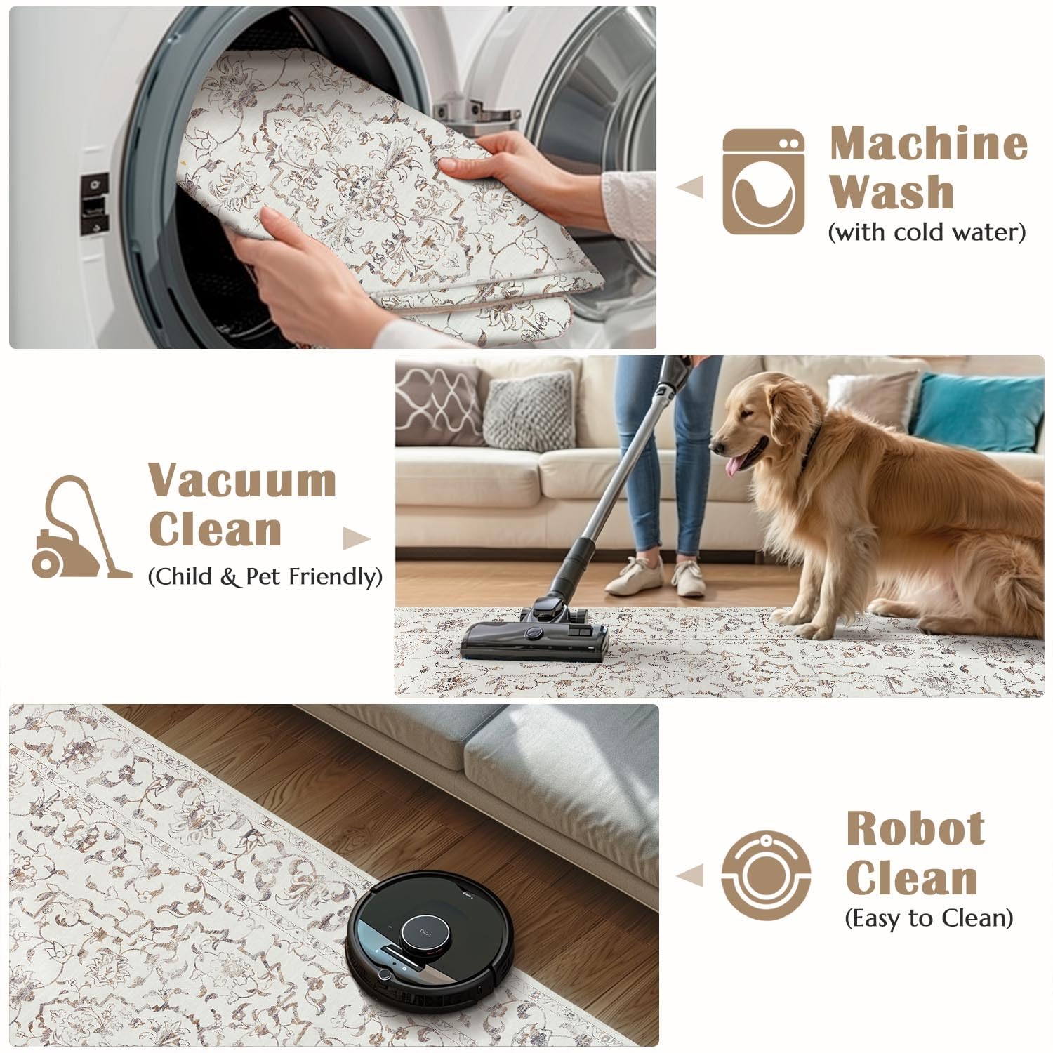 JINCHAN 5x7 Washable Non-Slip Area Rug - Antibacterial Foldable Carpet for Living Room, Bedroom, Kitchen & Nursery - Soft Beige Home Decor | Perfect for Family Rooms, Kids Play Areas & Pet-Friendly Spaces