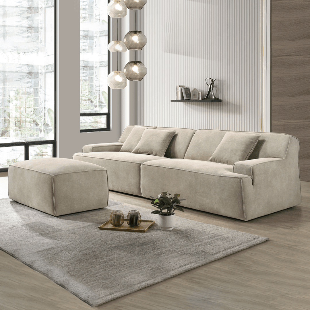 Elara Velvet Fabric Sofa with Stool - Soft & Durable Pet Friendly Living Room Furniture for Small Spaces, Modern Home Decor, Apartment Essentials
