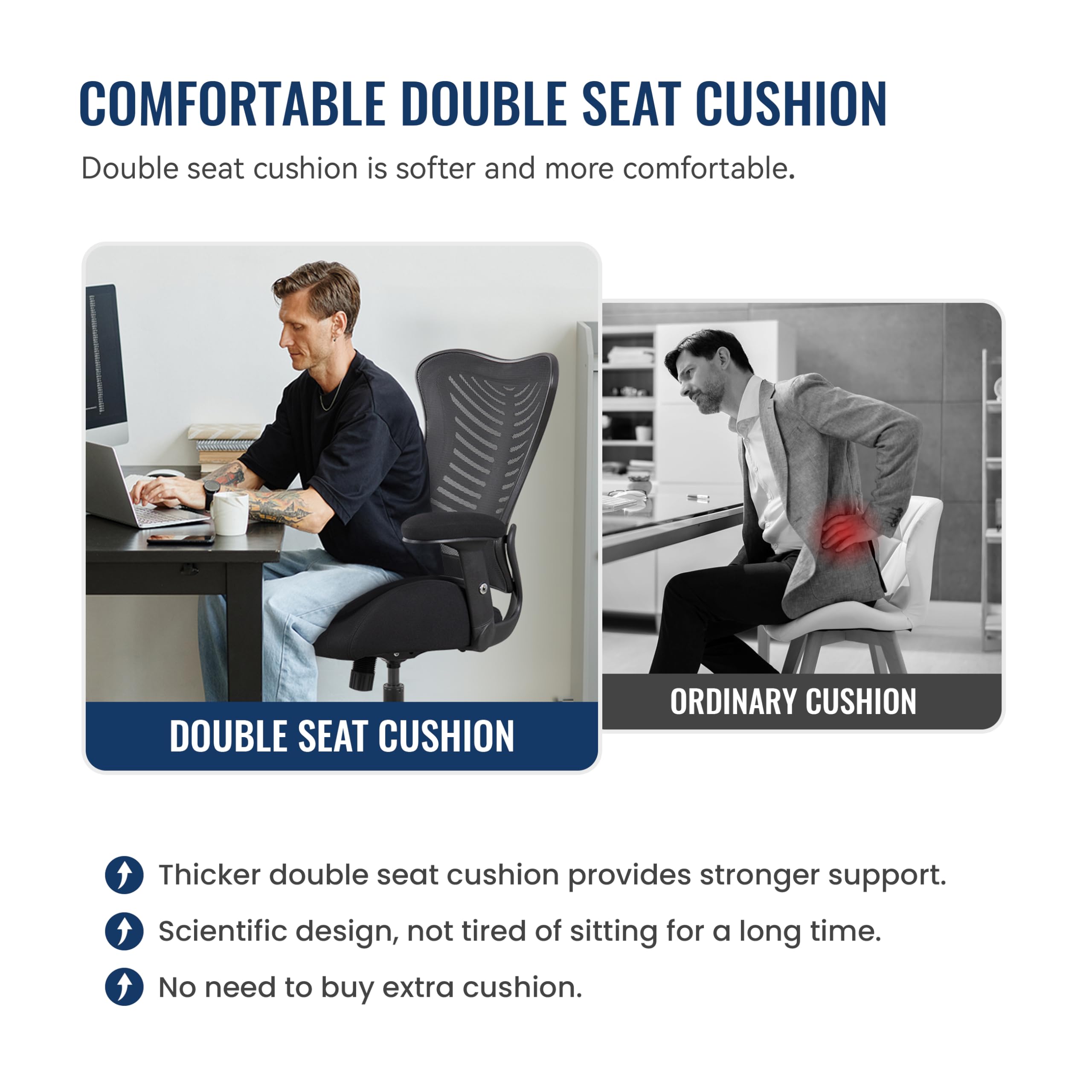 Ergonomic Office Mesh Computer Desk Chair with Lumbar Support Pillow & Double Seat Cushion - Adjustable Height Armrest, Black - Perfect for Home Office, Gaming, and Workspace Comfort