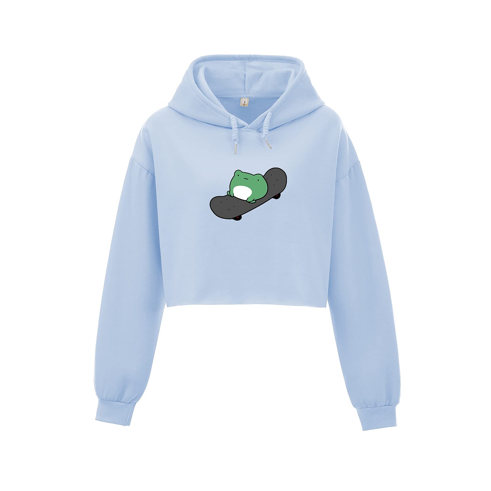 KEEVICI Women's Cropped Hoodie - Cute Frog Skateboard Graphic Cotton Sweatshirt, Long Sleeve Workout Pullover Top | Trendy Streetwear for Casual Outings & Gym