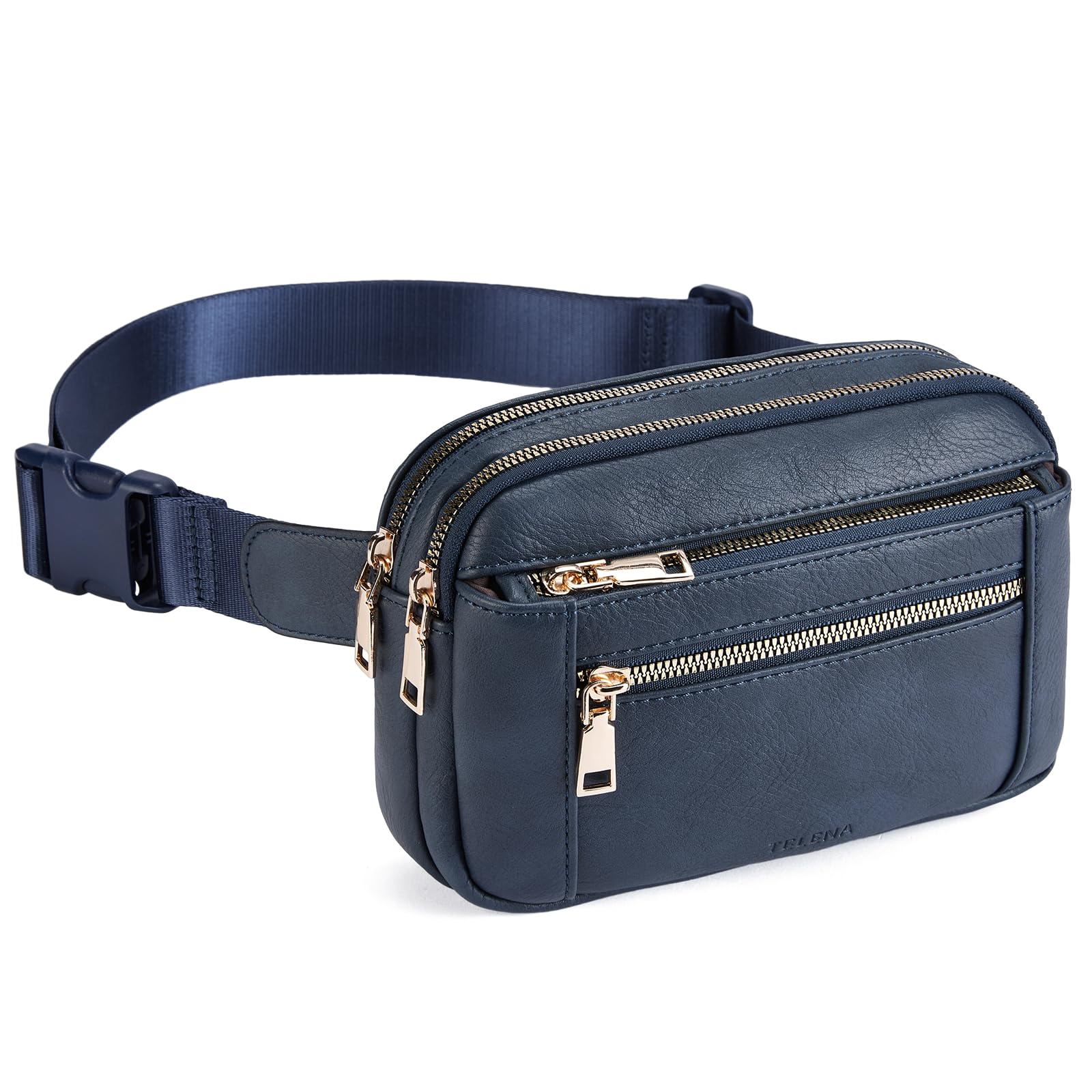 Telena Women's Adjustable Leather Fanny Pack - Crossbody Waist Bag with Belt in Navy Blue | Perfect for Travel, Hiking & Everyday Use