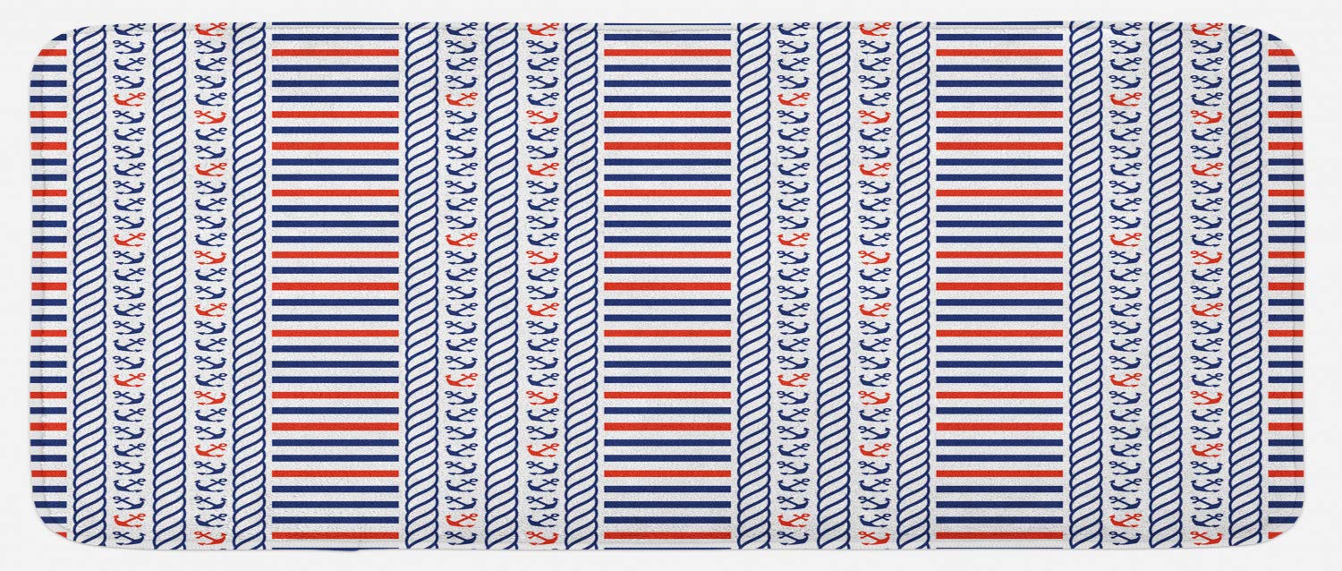 Ambesonne Non-Slip Kitchen Mat - Nautical Marine Design with Stripes, Anchors & Sailor Theme, Plush Decorative Rug for Kitchen, Bathroom or Entryway, 47