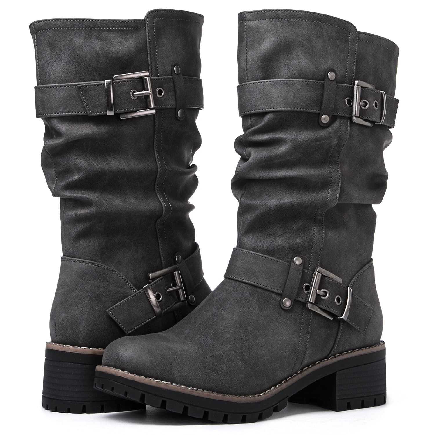 GLOBALWIN Women's Mid Calf Motorcycle Boots - Stylish Biker Riding Boots for Women | Perfect for Motorcycle Rides, Casual Outfits & Winter Fashion