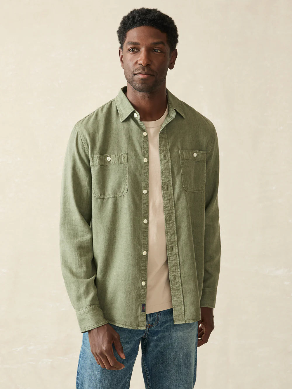 FAHERTY Men's Desert Olive Chambray Work Shirt - Casual Button Down Shirt for Outdoor Work, Hiking & Everyday Wear