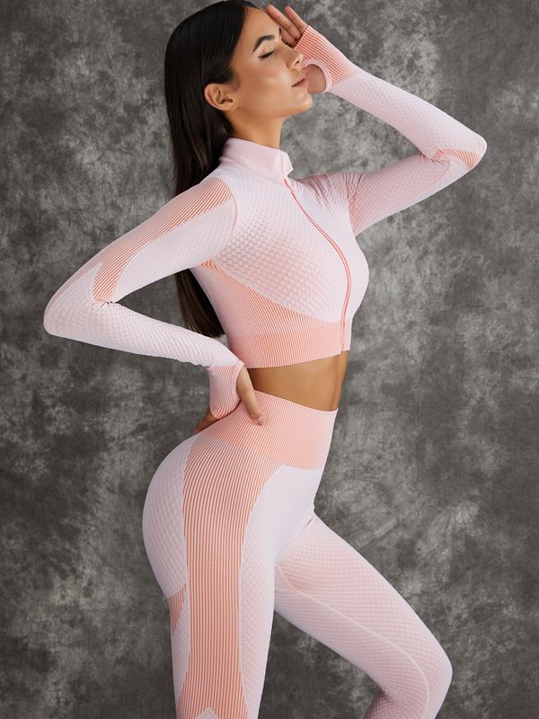 ZASUWA Women's 3-Piece Long Sleeve Zipper Workout Set - High Performance Gym Outfit for Yoga, Running & Fitness Training
