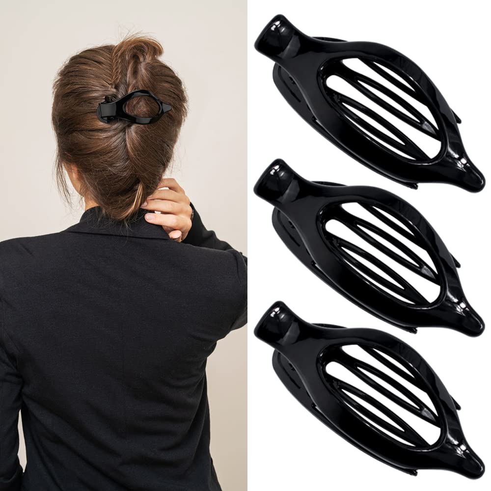 Black Hair Barrettes - Alligator Claw Clips for Thin Hair | 3-Pack French Lay Down Duck Billed Hair Clips | Perfect for Women, Girls & Daily Hairstyling