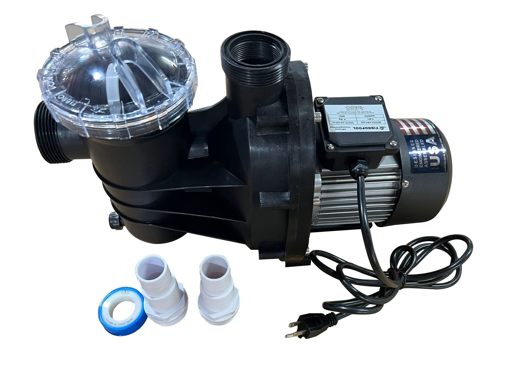 FibroPool 0.5HP Swimming Pool Pump for Above Ground Pools - Energy Efficient 1/2 HP Single Speed Motor with Clear Top Lid - USA Designed & Assembled - Includes Hose Adapters - Perfect for Backyard, Inground & Small Pools - ABG050