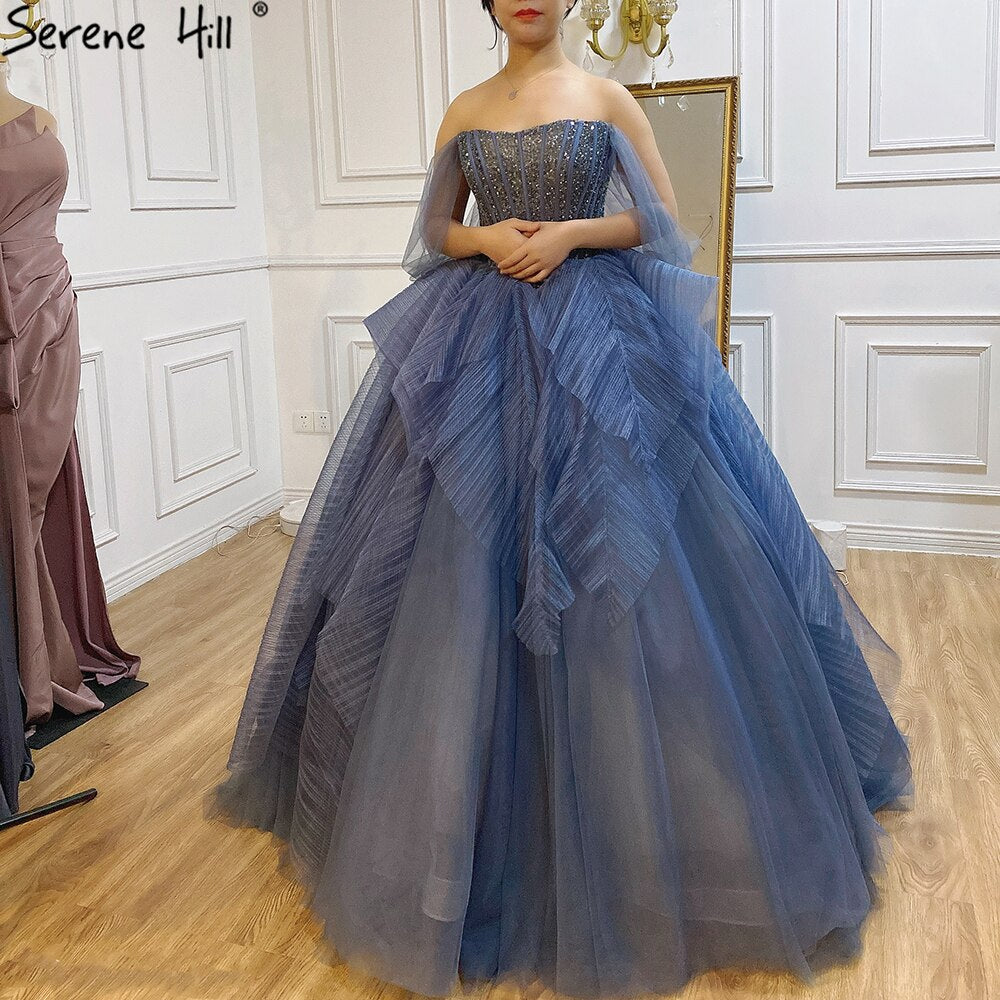 Serene Hill Luxury Blue Beaded Evening Dress Strapless Sexy Ball Gown for Women 2025 - Perfect for Prom, Gala & Formal Parties | LA70936