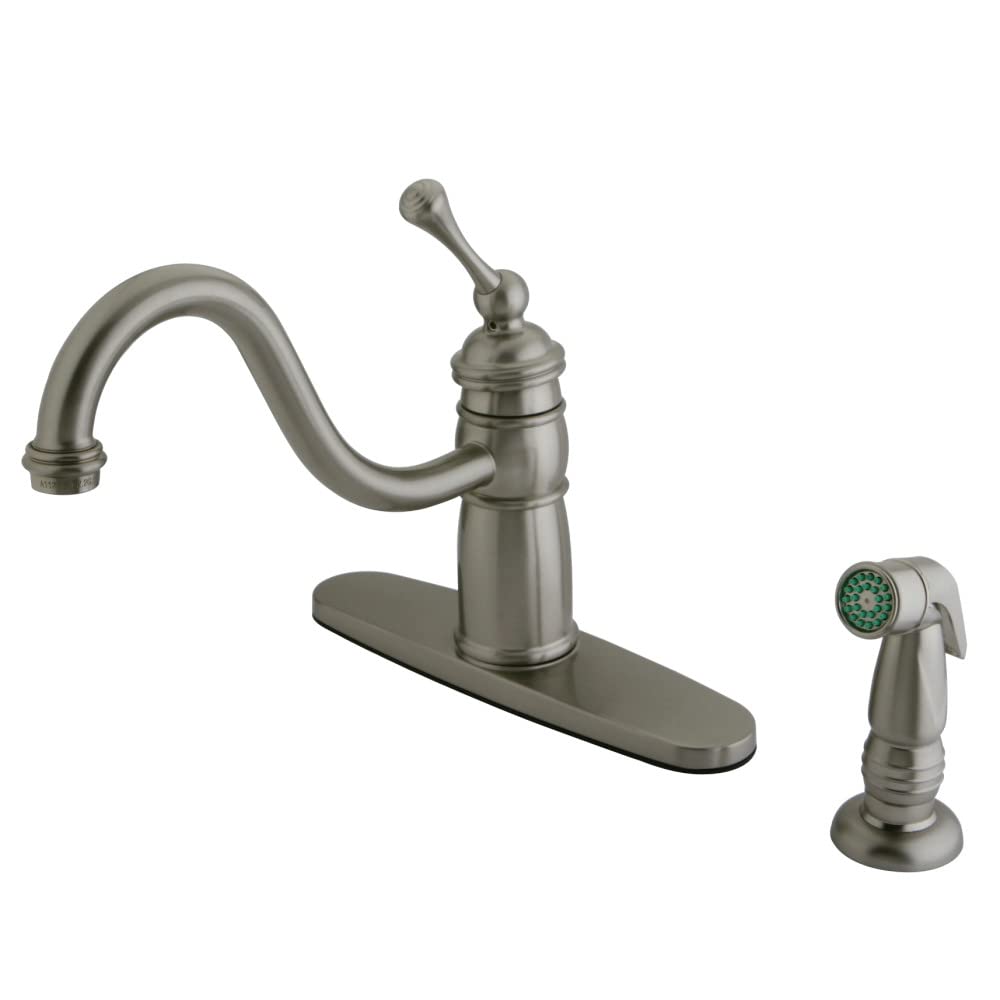 Kingston Brass KB1578BLSP Single Handle Deck Mount Kitchen Faucet in Brushed Nickel - Perfect for Modern Farmhouse & Contemporary Kitchen Sinks