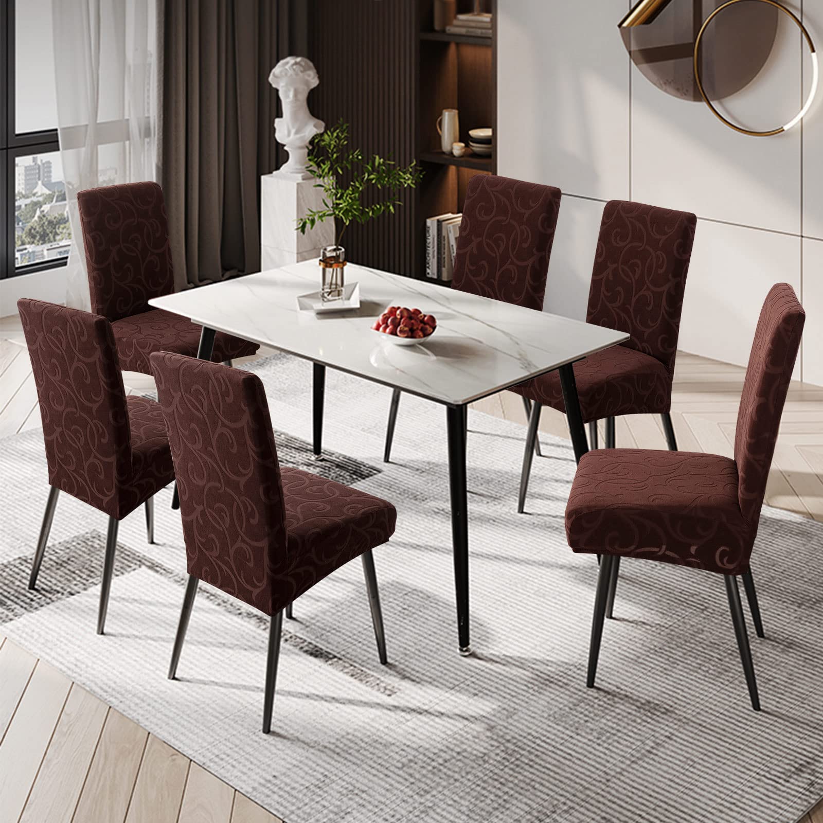 Waterproof Stretch Parsons Chair Slipcovers - 4 Pack Washable Dining Room Chair Covers with Floral Chocolate Pattern, Removable Kitchen Seat Protectors for Home, Restaurant & Outdoor Use