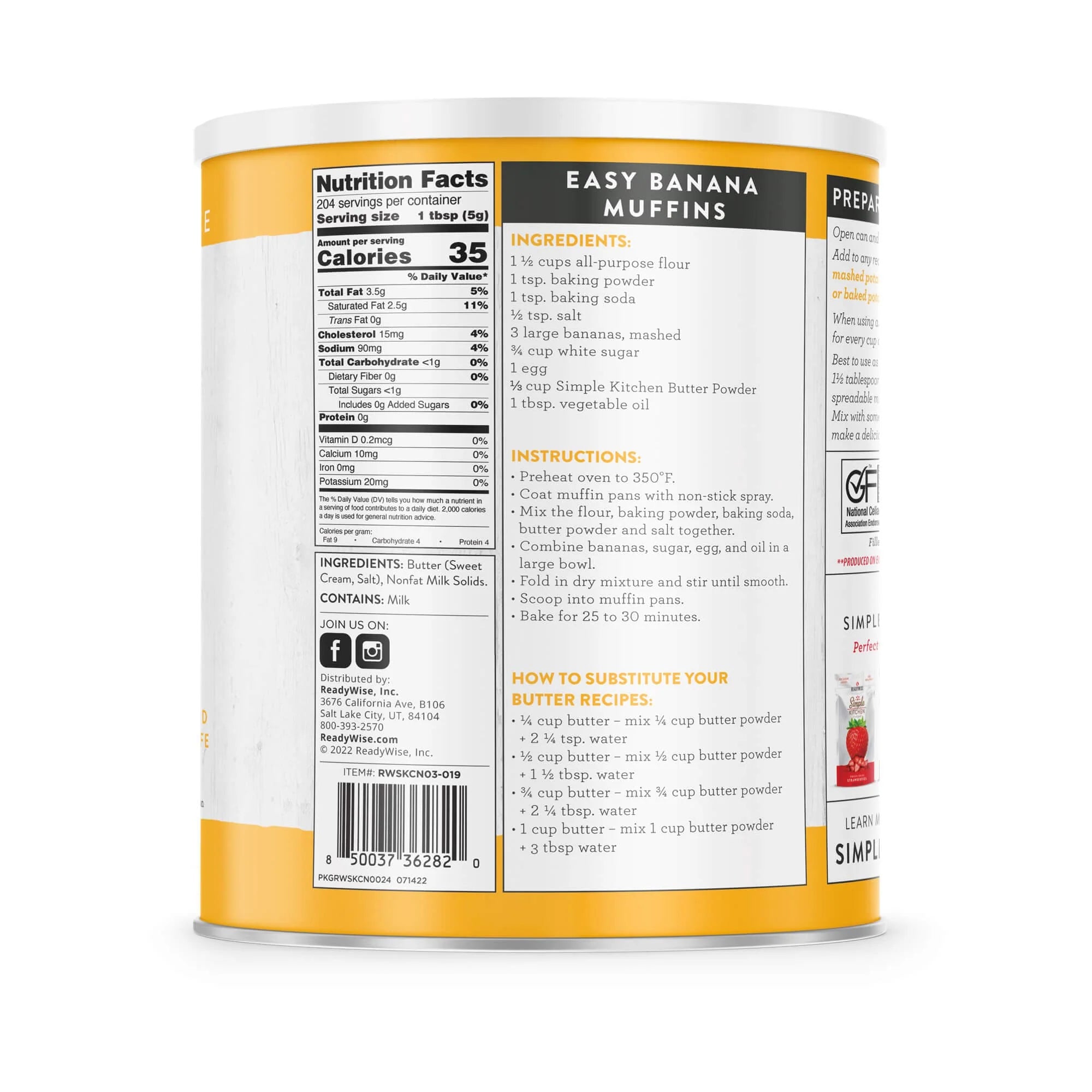 ReadyWise Simple Kitchen Butter Powder - 204 Servings | Long Shelf Life, Non-GMO, Easy to Use | Perfect for Baking, Cooking, and Emergency Food Storage