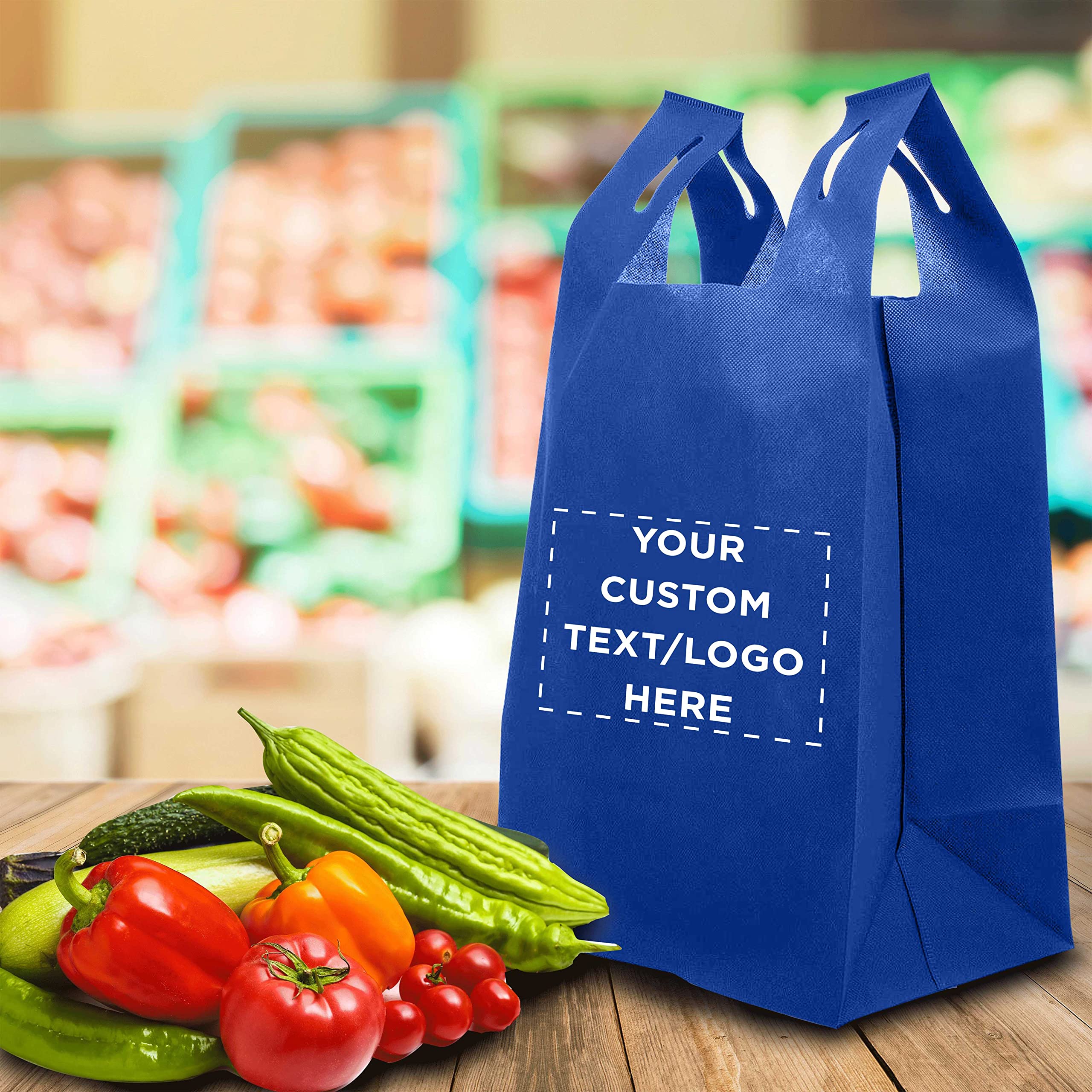 Custom Bodega Lightweight Tote Bags - Bulk Pack of 50 Reusable Grocery Bags - Personalized Promotional Totes for Trade Shows, Parties & Picnics - Eco-Friendly Shopping & Gift Bags (Blue)