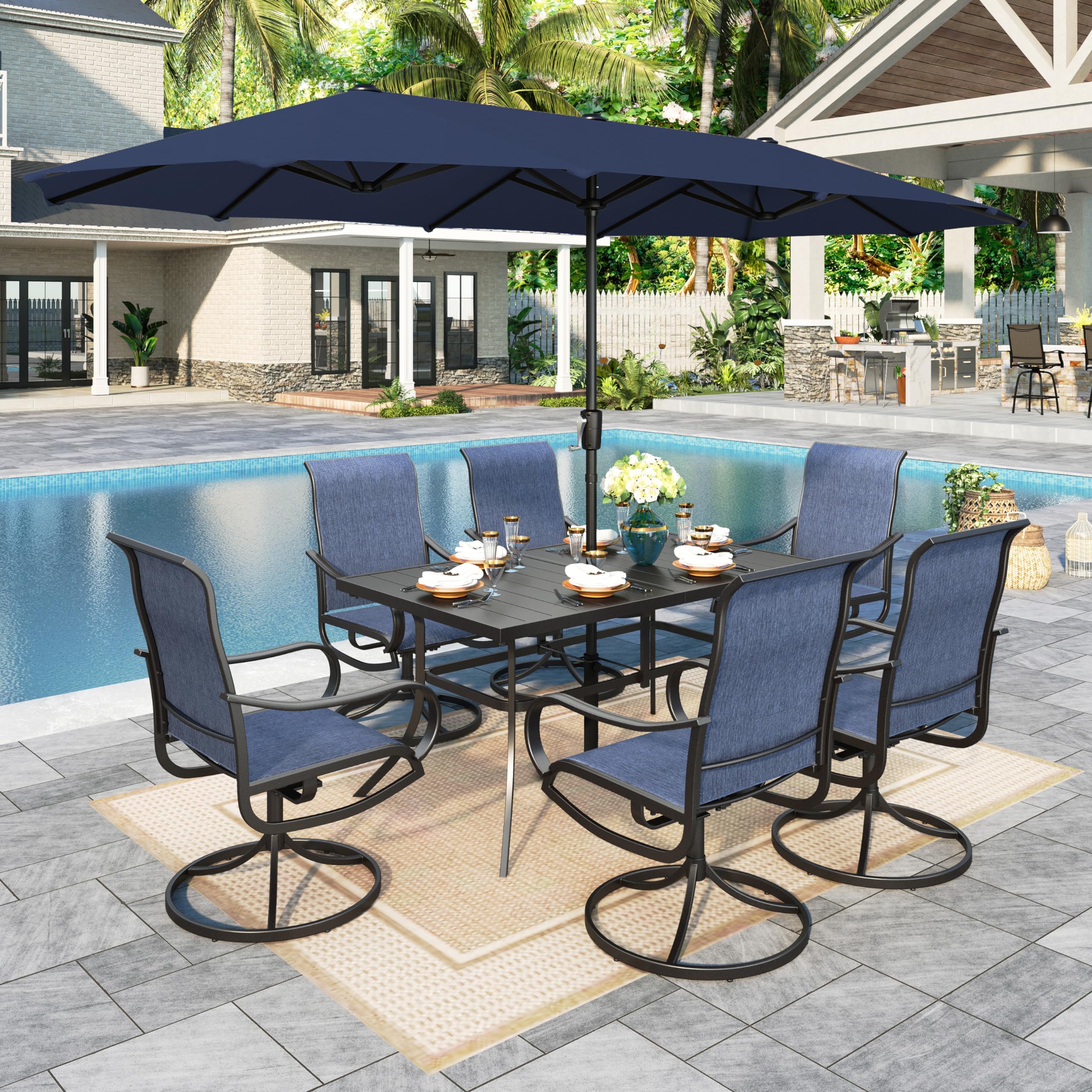 Sophia & William 8-Piece Outdoor Dining Set with 13ft Navy Patio Umbrella - 6 Blue Swivel Chairs & 59