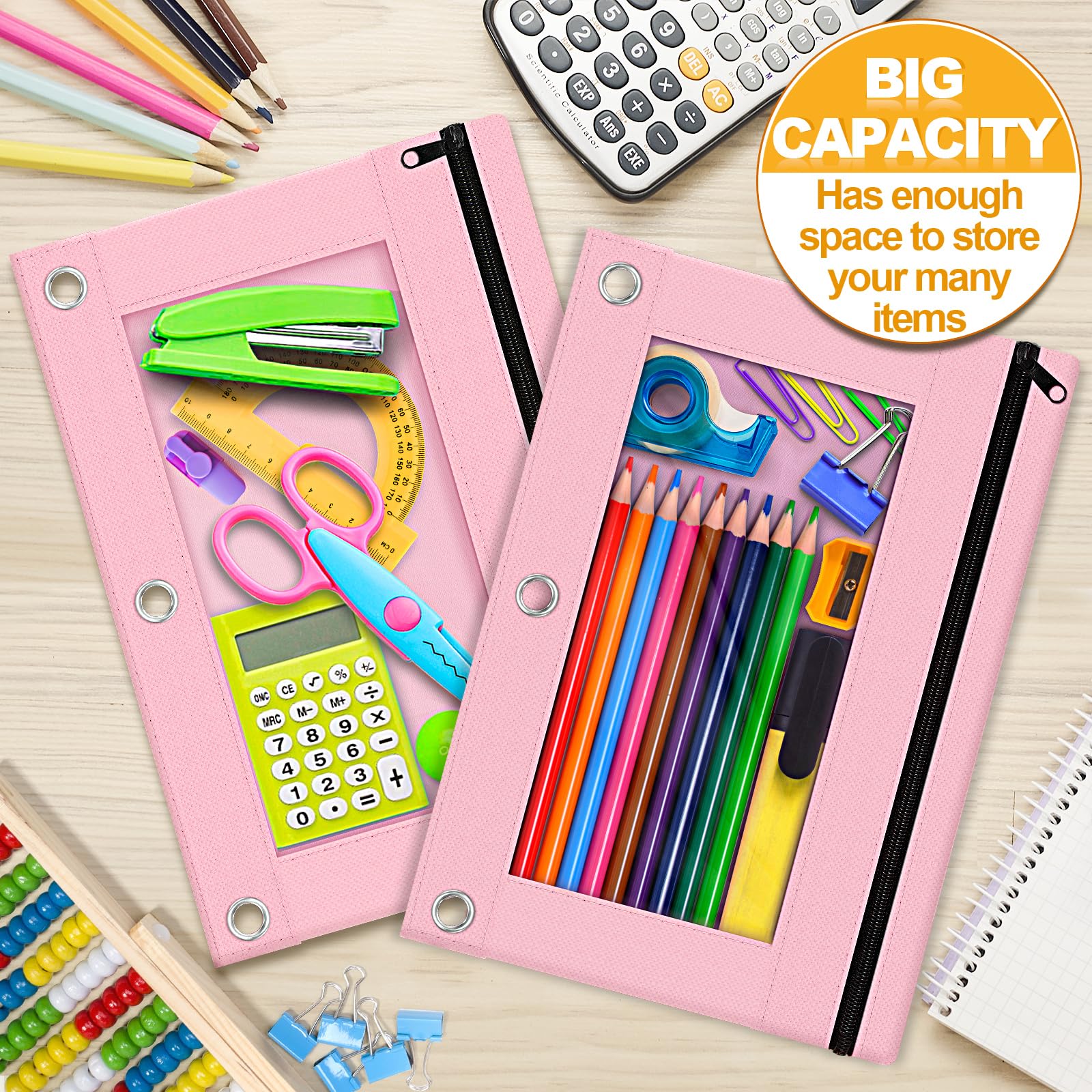 Officygnet 2-Pack Zippered Pencil Pouch for 3-Ring Binder - Clear Window School & Office Supply Organizer - Cloth Pencil Case with 3-Hole Binder Fit (Pink) - Perfect for Students, Teachers & Office Organization