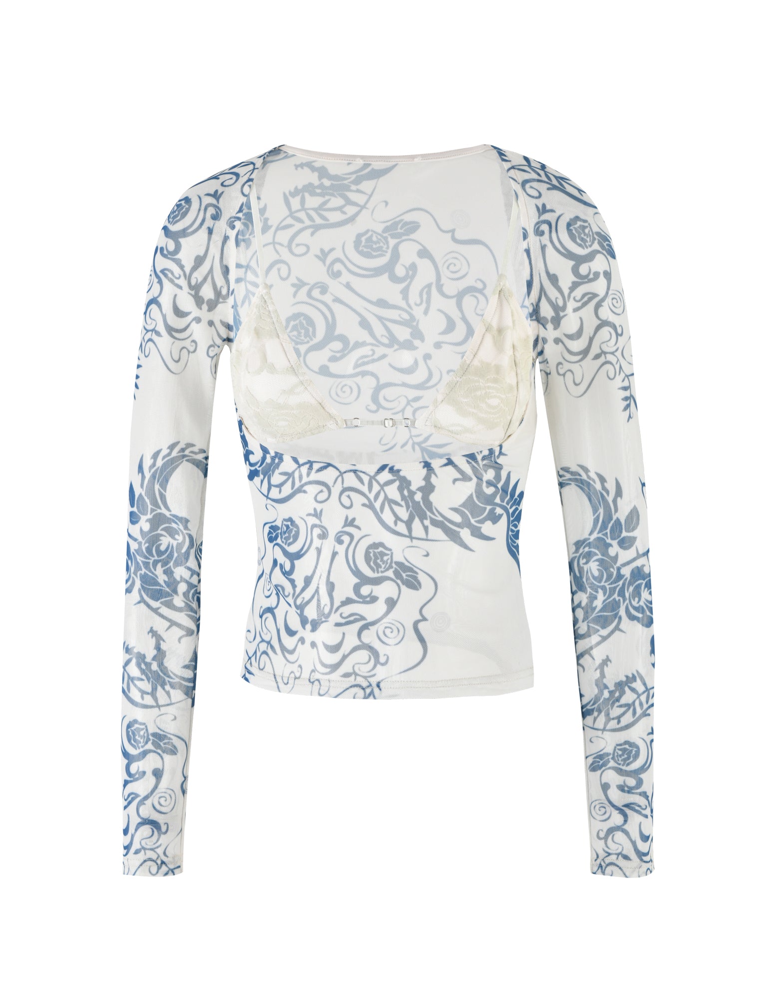 Christy Mesh Long Sleeve Top - Blue Tattoo Print Women's Fashion Shirt | Perfect for Casual Wear, Tattoo Enthusiasts & Street Style Outfits