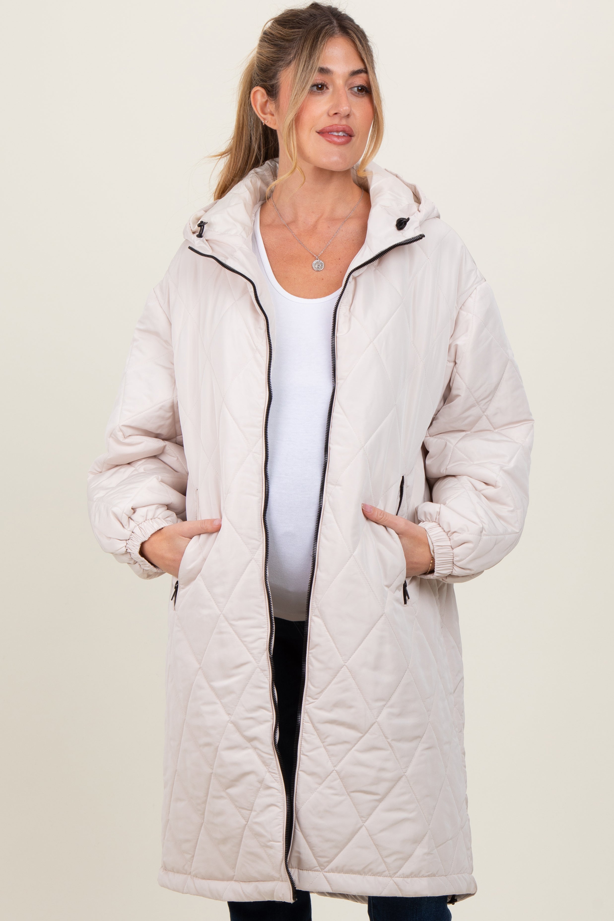Beige Quilted Long Maternity Puffer Jacket - Warm Winter Coat for Pregnant Women | Perfect for Outdoor Activities & Cold Weather Protection