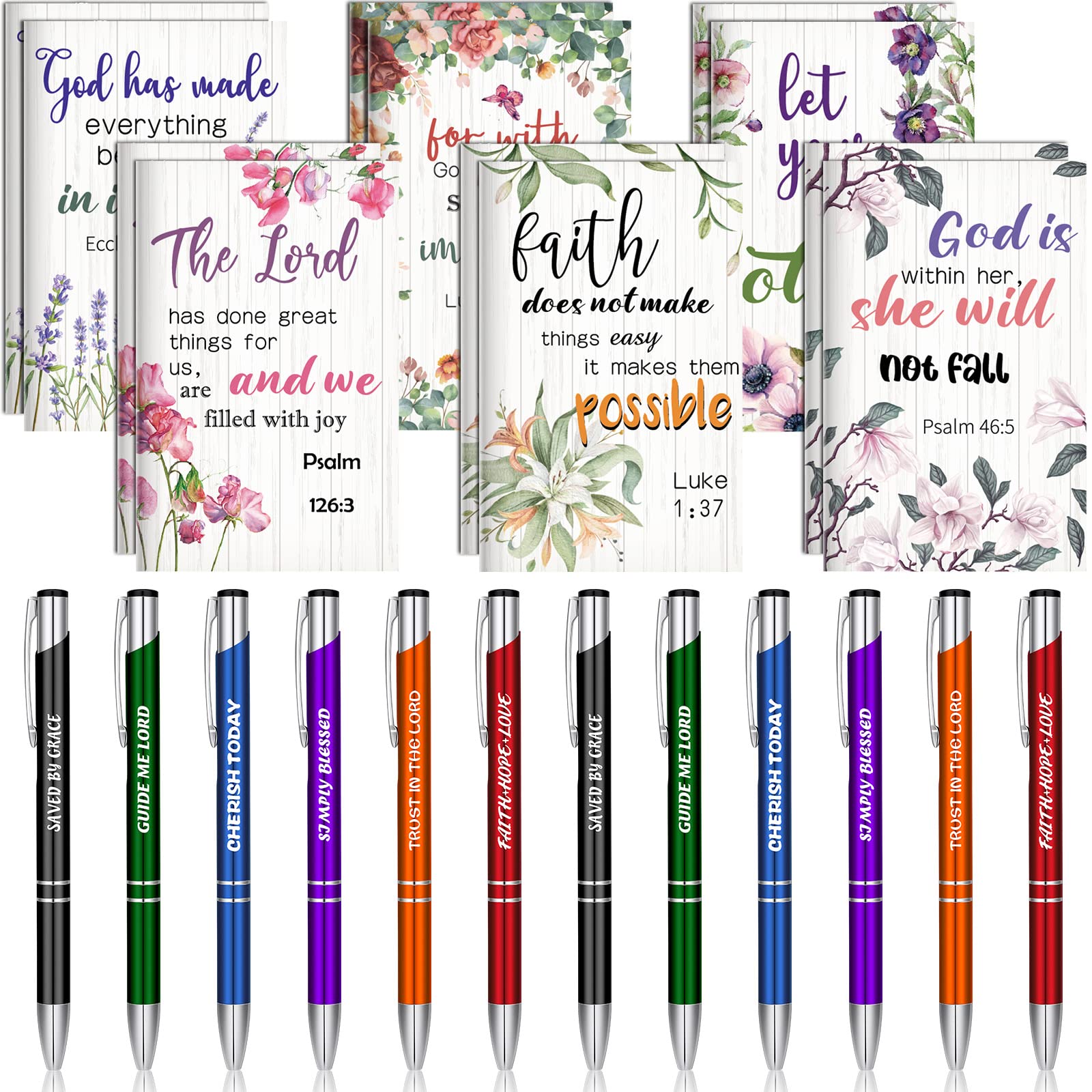 Geyee 24-Pack Mini Motivational Pens with Inspirational Notepads - Bulk Office & Travel Gift Set for Men & Women - Funny Ballpoint Pens, Small Journals & Appreciation Prizes (Bible Theme) - Perfect for Office Supplies, Teacher Gifts, Party Favors & Corporate Events