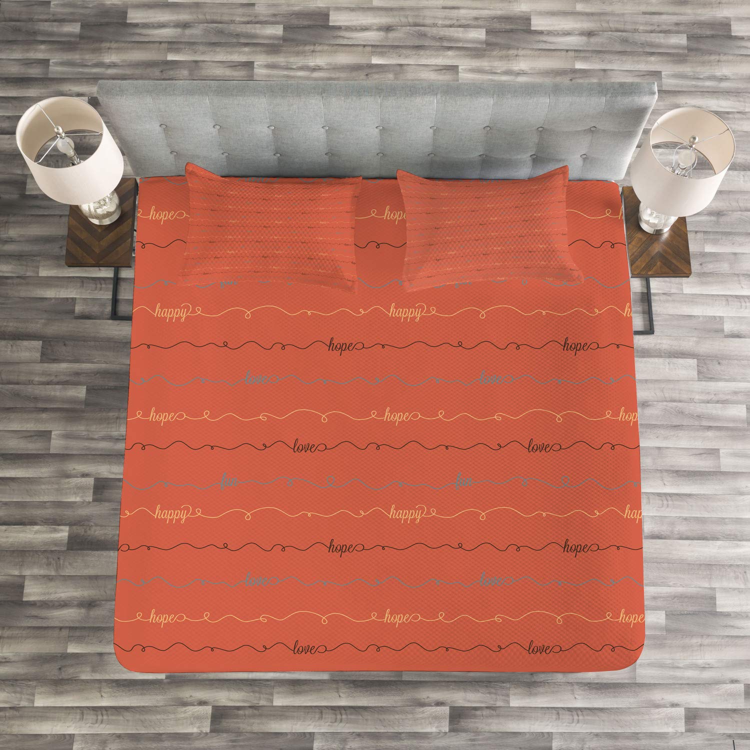 Ambesonne 3-Piece King Size Bedspread Set with Dark Coral Backdrop - Hope Love Happy Lettering, Decorative Coverlet & 2 Pillow Shams in Dark Brown | Perfect for Master Bedroom, Guest Room & Cozy Home Decor