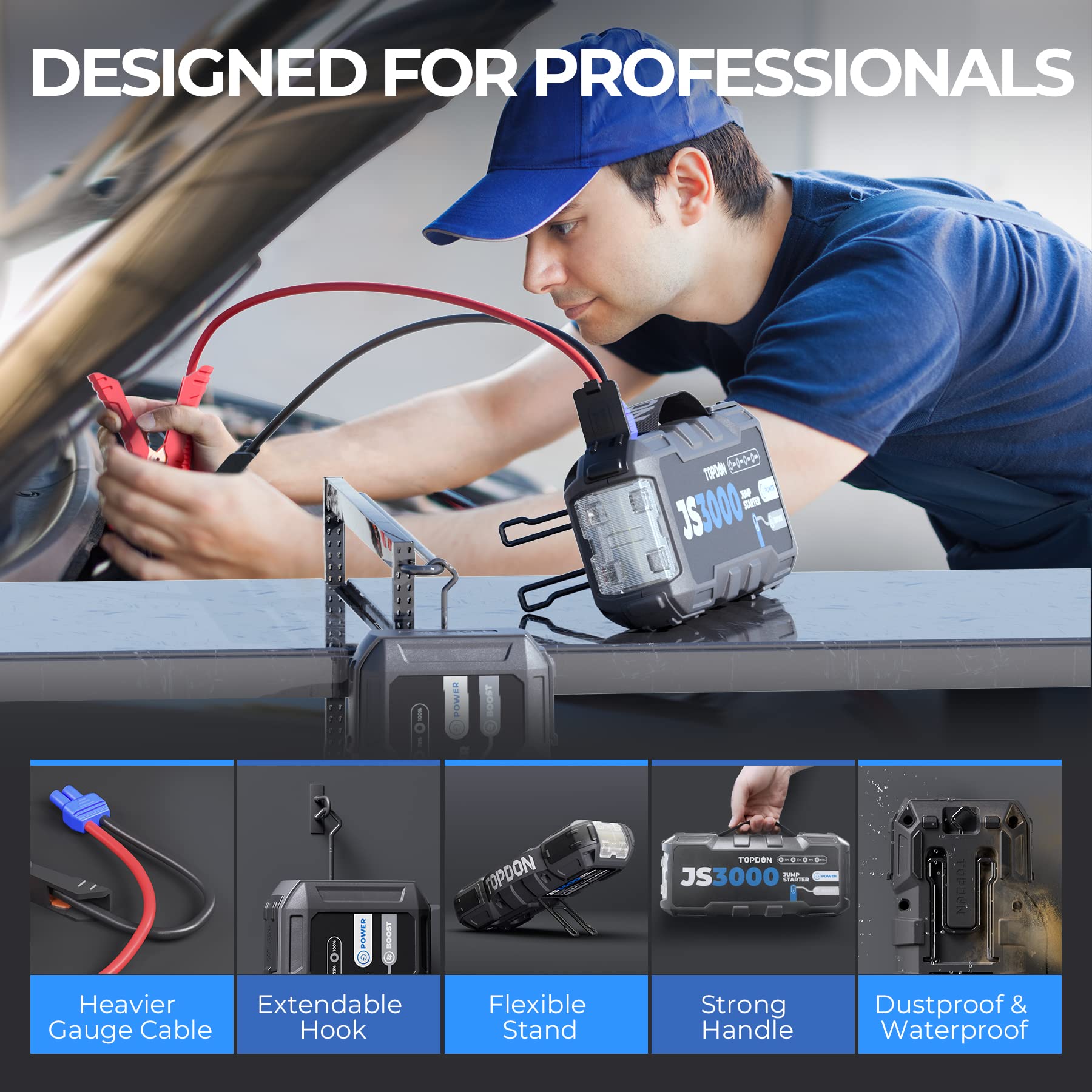 JS3000 12V 3000A Portable Car Battery Jump Starter - Boosts Up to 9L Gas/7L Diesel Engines | Includes Jumper Cables & EVA Case | Emergency Vehicle Battery Charger for Cars, Trucks, SUVs - Perfect for Roadside Emergencies & Winter Starting