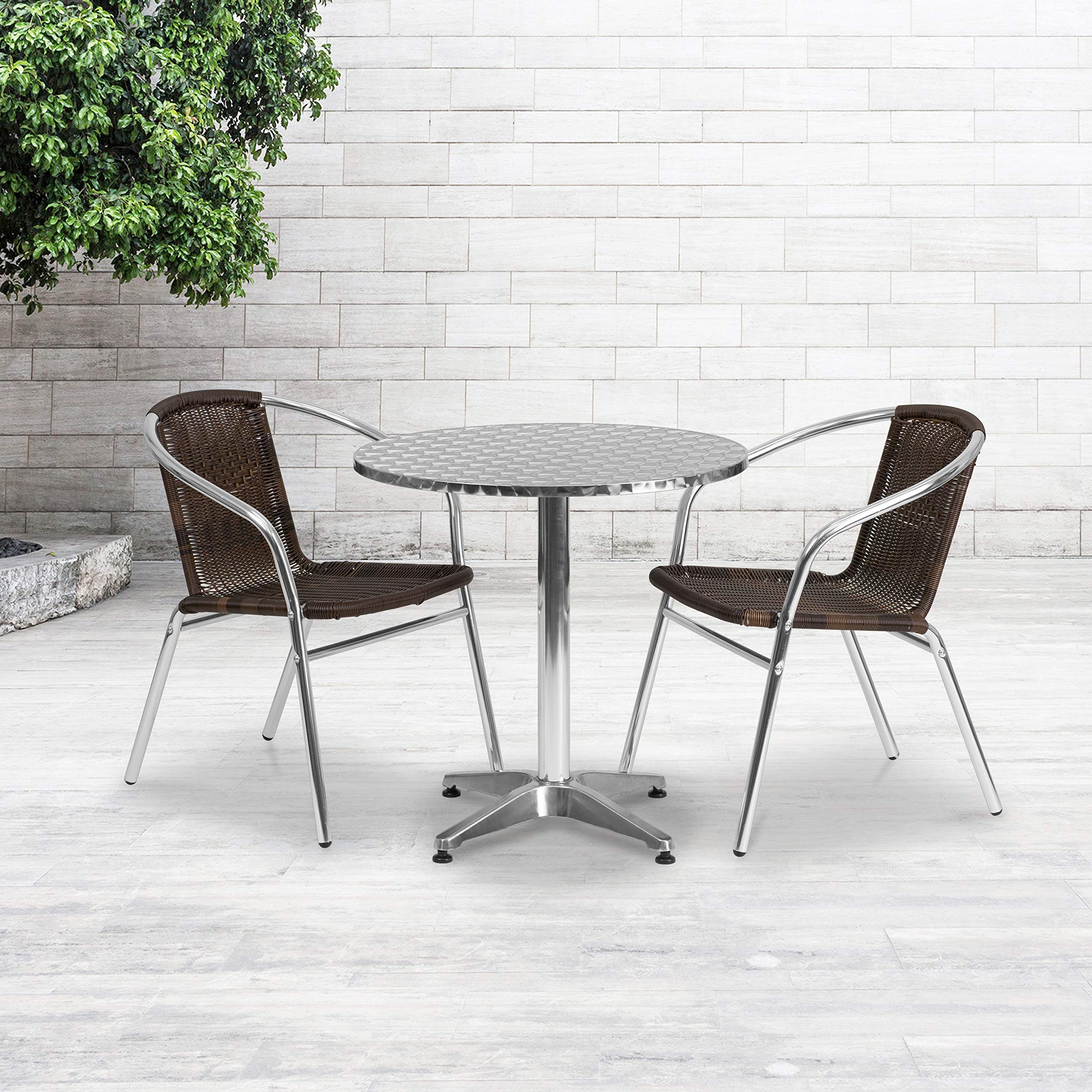 Flash Furniture 27.5'' Round Aluminum Indoor-Outdoor Dining Table Set with 2 Dark Brown Rattan Chairs - Perfect for Patio, Garden, Balcony & Small Space Dining